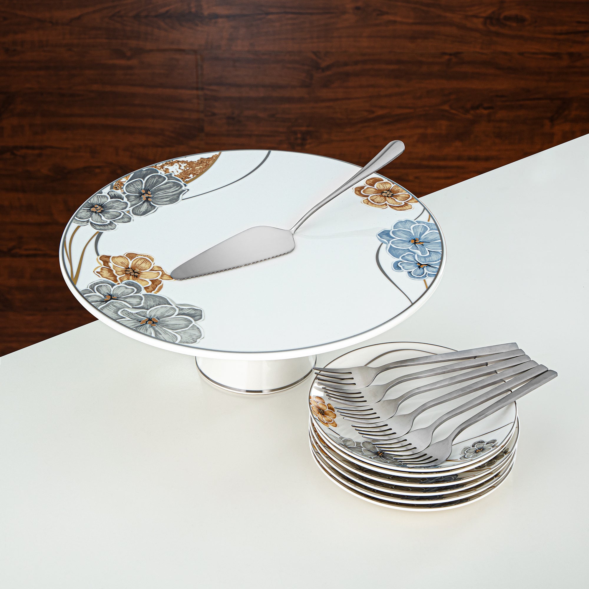 Almarjan Cake Serving Set Porcelain & Stainless Steel 14 Pieces (14PCS-12256) – Elegant Floral Dessert Collection