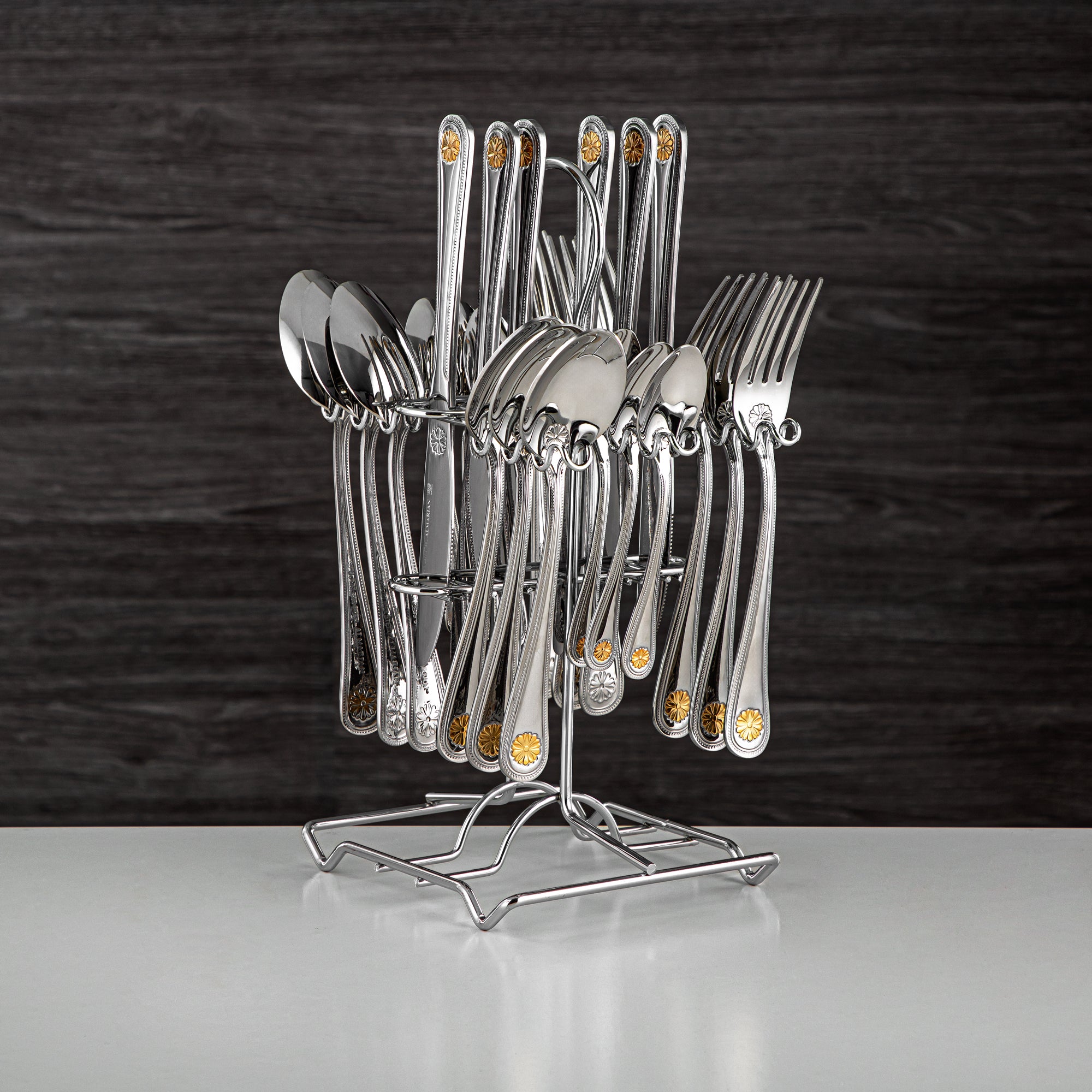 Almarjan Cutlery Set 24 Pieces, Stainless Steel, With Stand, Silver & Gold (CUT0010352) Elegant Cutlery Set