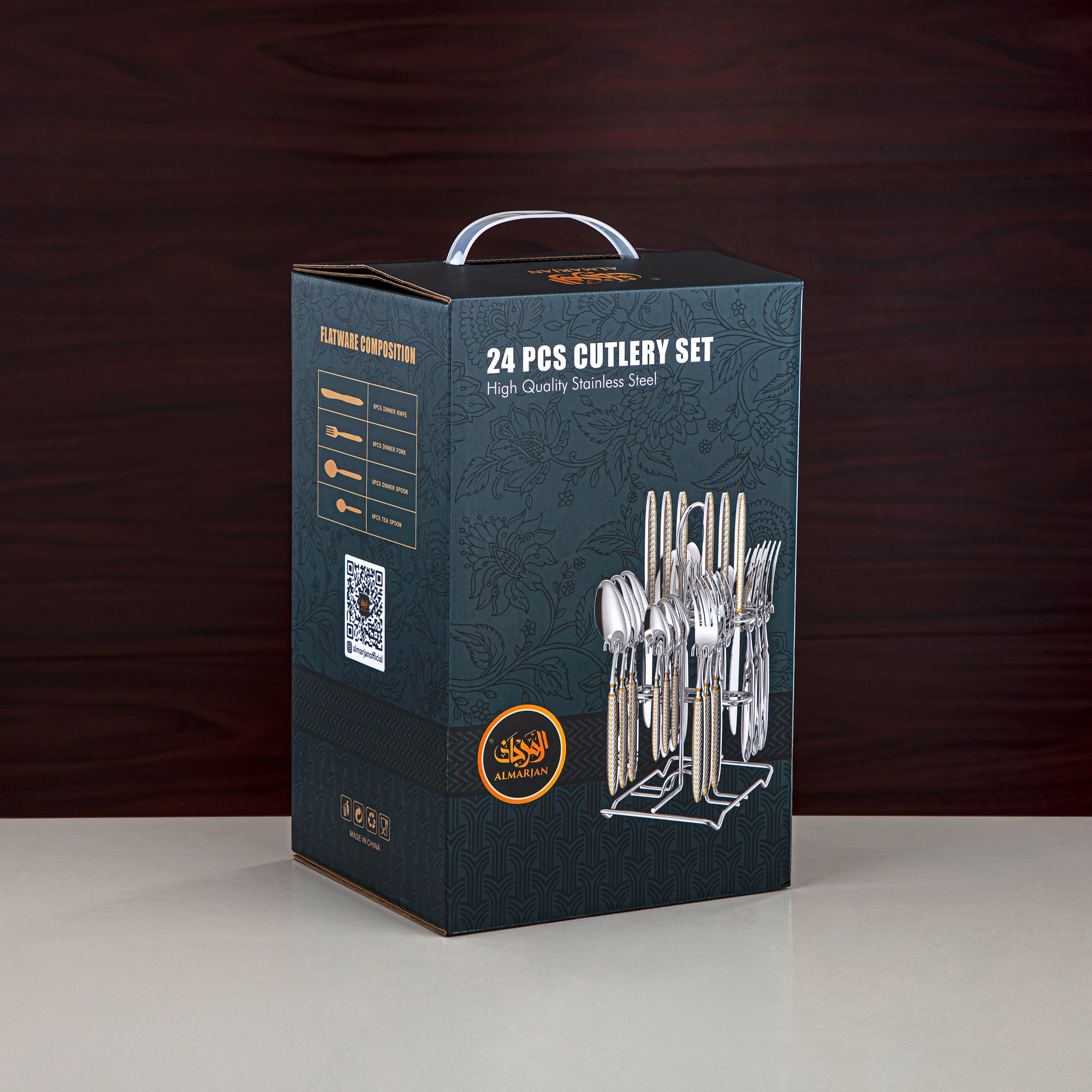 Almarjan Cutlery Set 24 Pieces, Stainless Steel, With Stand, Silver (CUT0010437) Elegant Cutlery Set