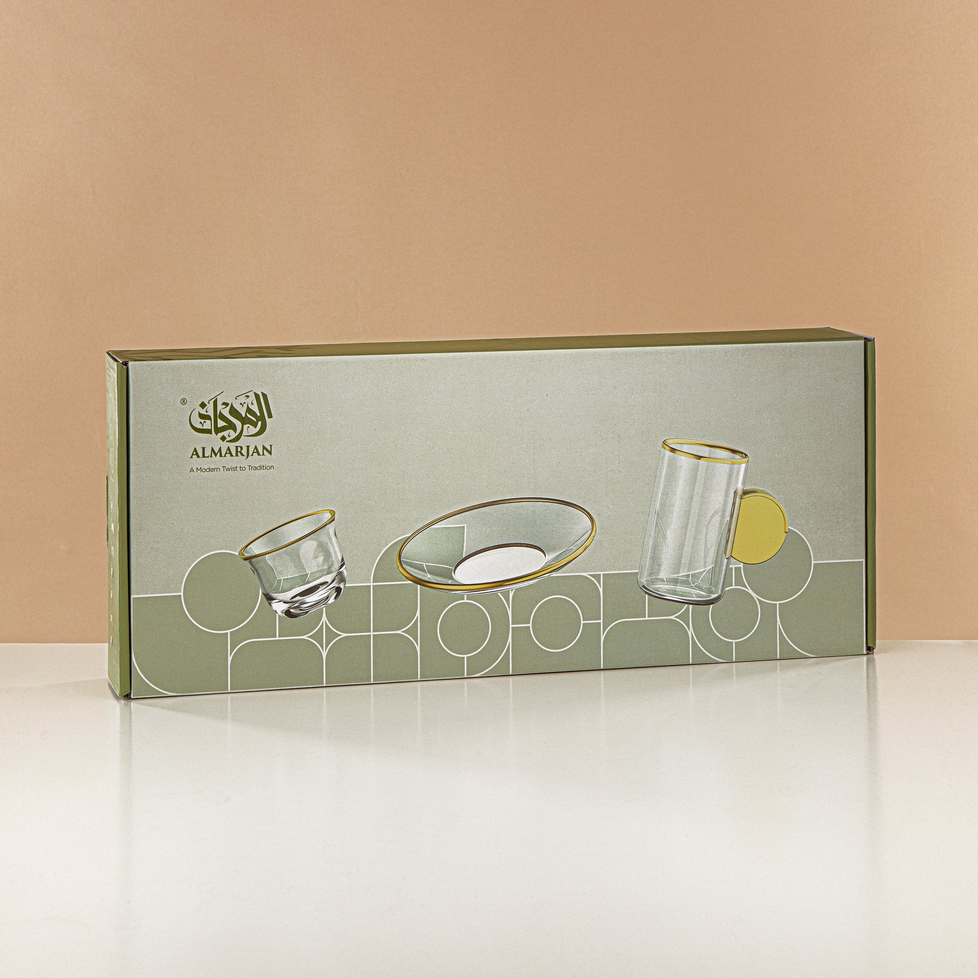 Almarjan Tea & Coffee Set 18 Pieces, Glass, Gun Black Rim & Handle (FB808-18 ALLGB) - Elegant Serveware for Tea & Coffee