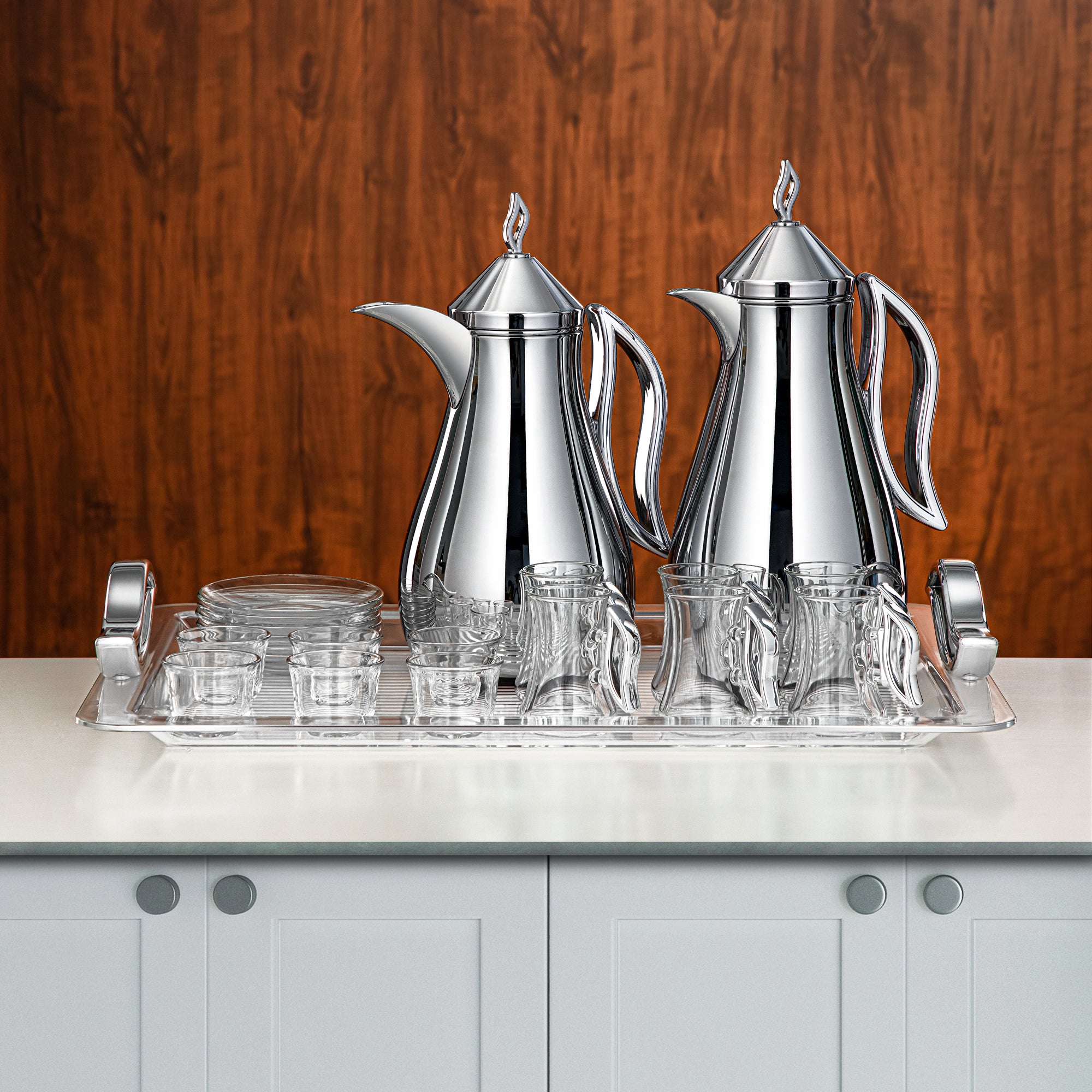 Almarjan Vacuum Flask Set Silver Mirror Finish 21 Pieces (0.7L + 1L) (FG811-21 ALLC) – Elegant Serving | Ramadan & Gatherings