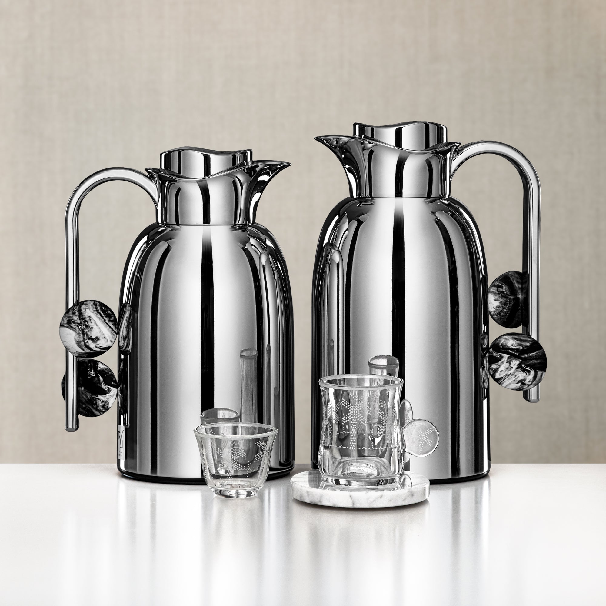 طقم تيرموس وشاي المرجان 20 قطعة، رخام فضي