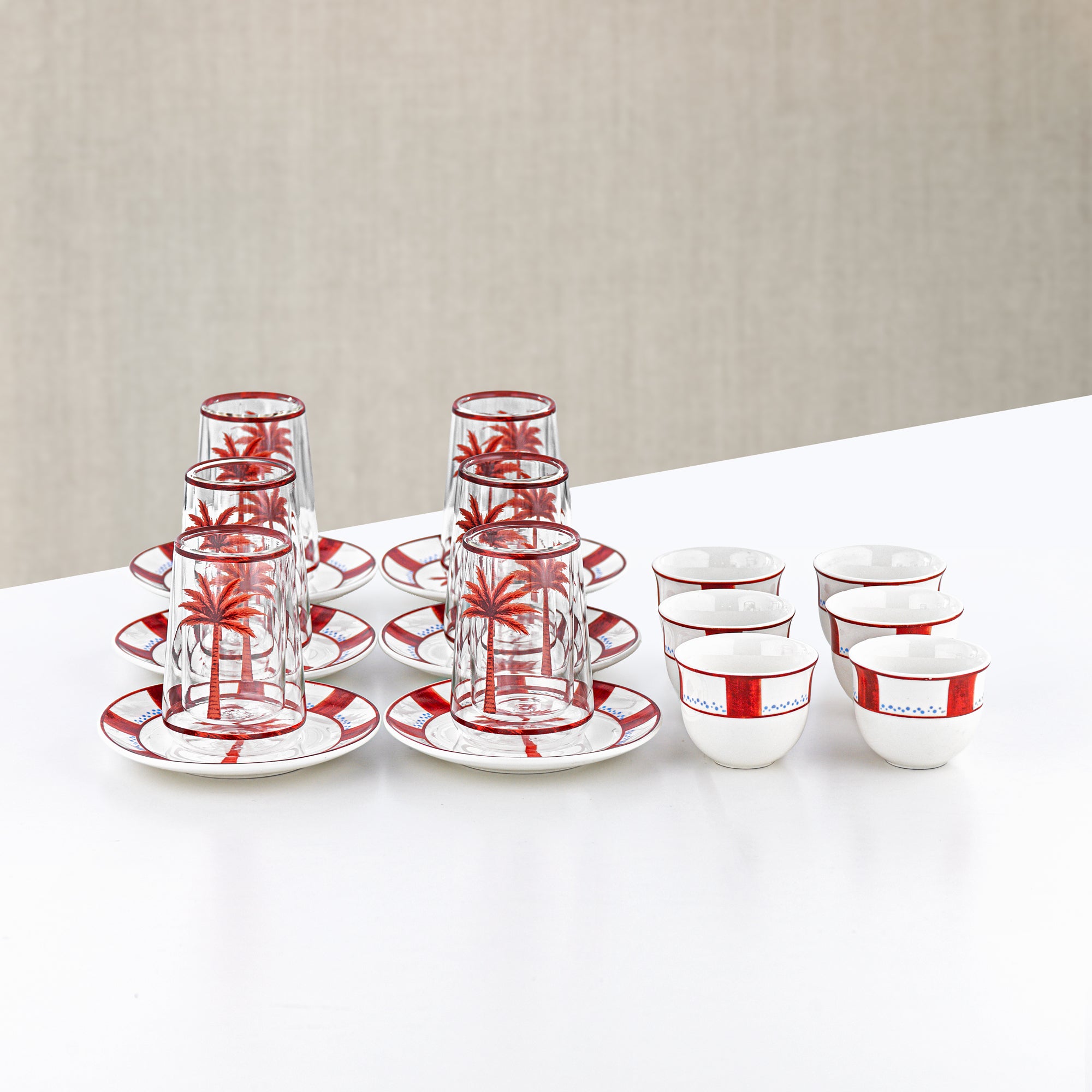 طقم شاي وقهوة عربية المرجان، 18 قطعة، زجاج وبورسلين