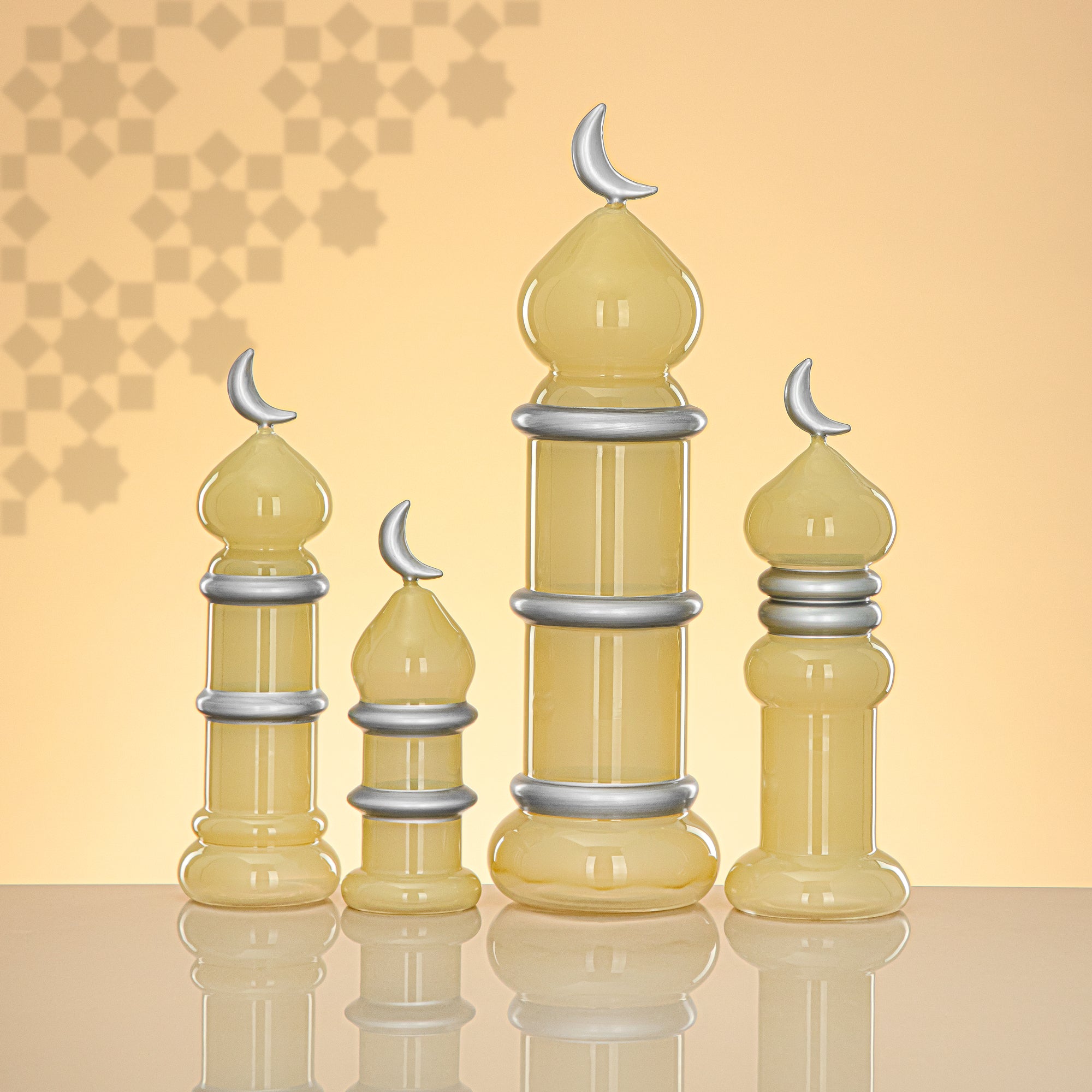 Almarjan Minaret Table Decoration 34cm x 10cm Ivory with Silver Lines & Crescent Moon – Noor Al Layali