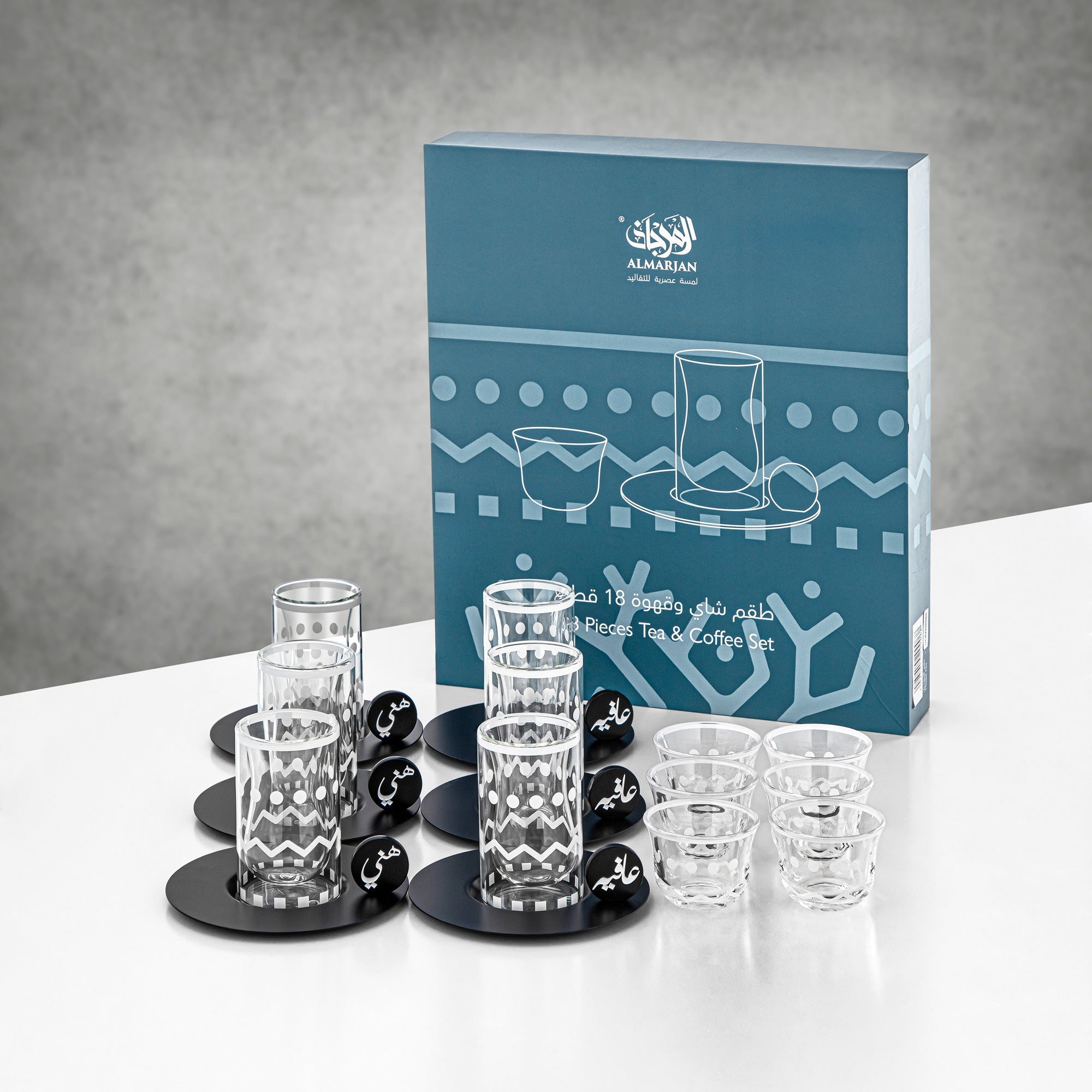 طقم شاي وقهوة المرجان، ١٨ قطعة، شفاف بحافة بيضاء