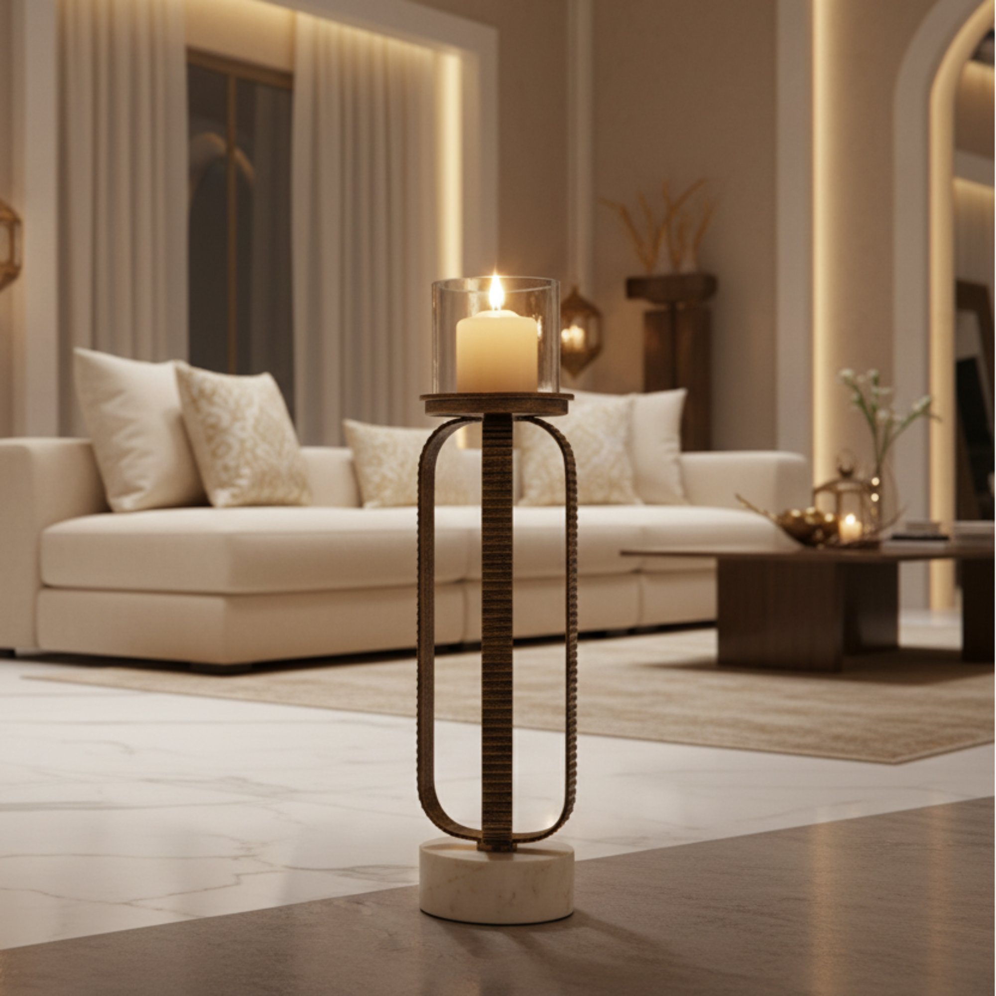 Almarjan Pillar Candle Holder 44cm Champagne Gold