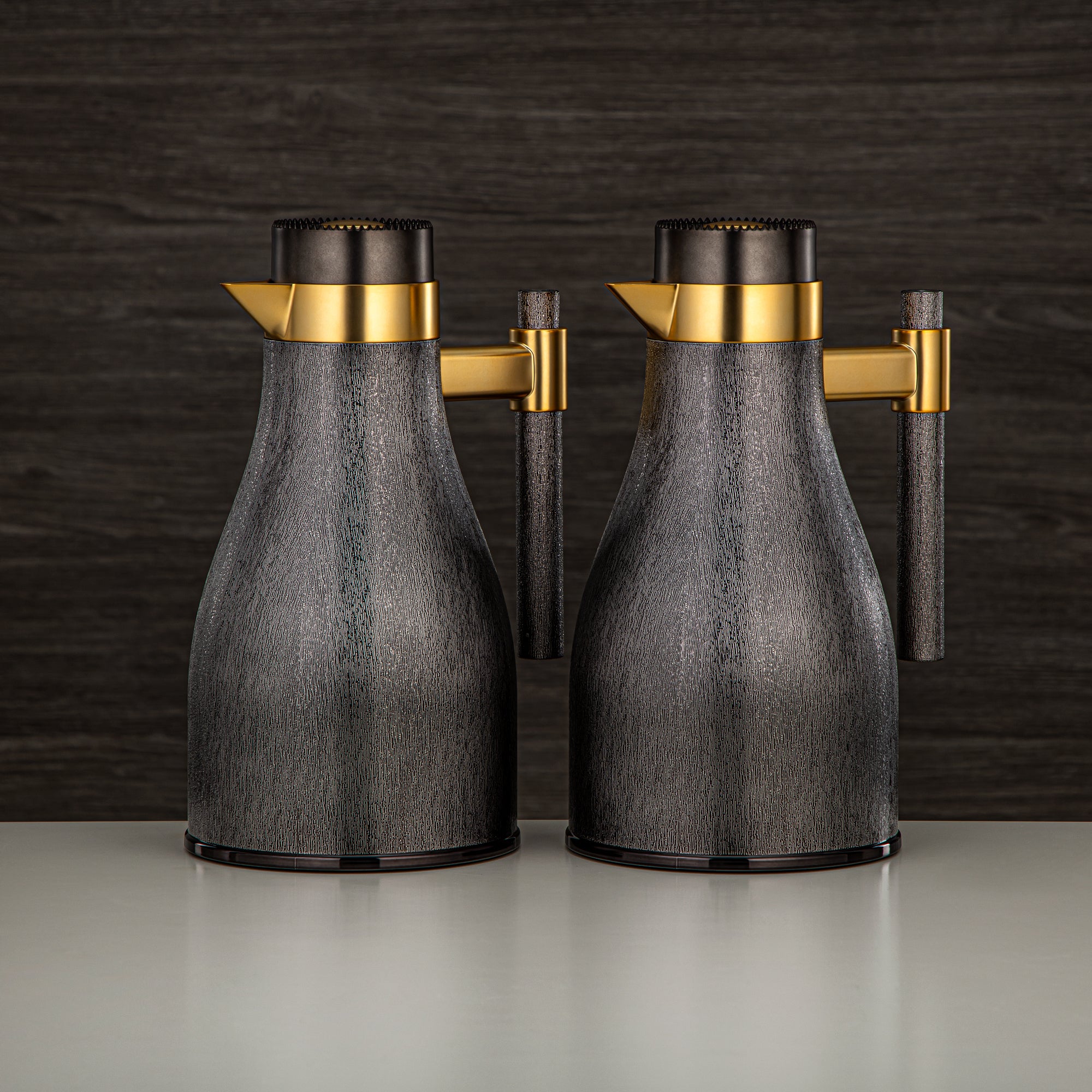 Almarjan Vacuum Flask Set ABS Push Button 1L + 1L Matt Gun Black & Matt Gold (GOK-NBK-MNBK-MG) - Elegant Serving