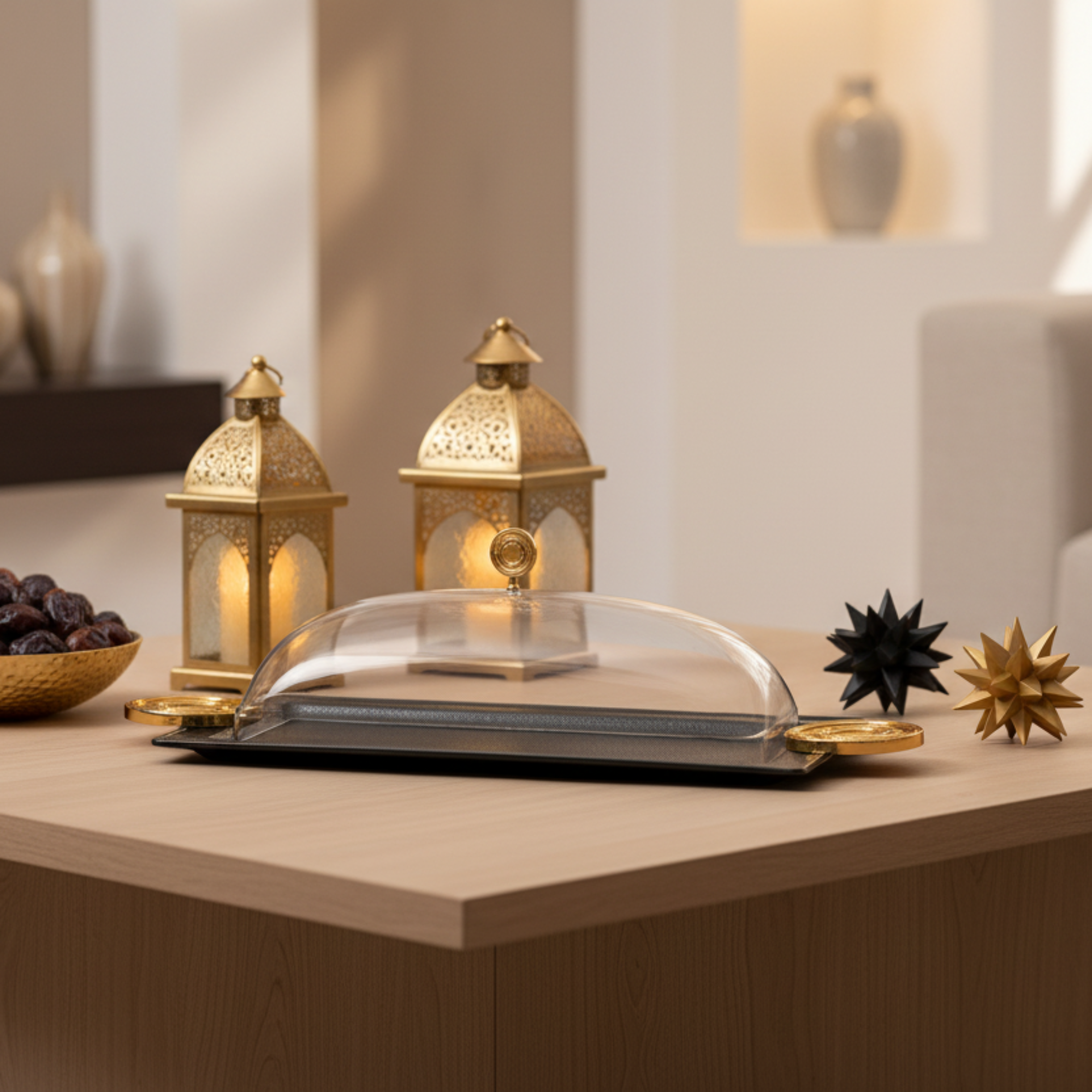 Almarjan Serving Tray with Cover 50 cm Black & Gold Crackle