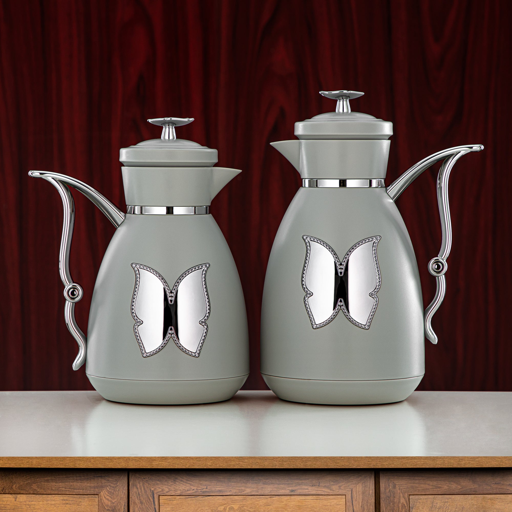 Almarjan Vacuum Flask Set Plastic Push Button 0.7L + 1L Light Grey & Silver (SM-2C142-070/100 LG/C) - Tea & Coffee Flask