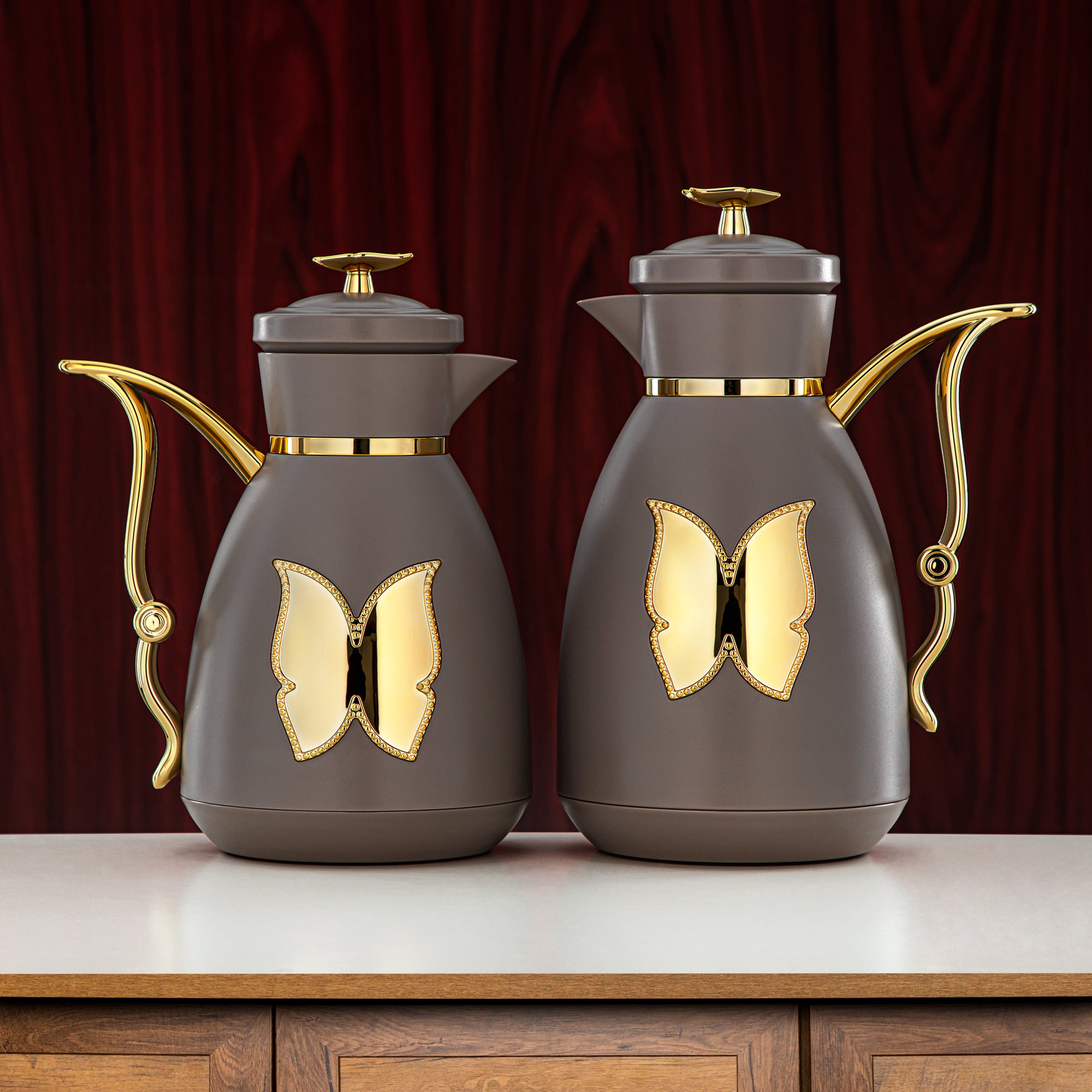 Almarjan Vacuum Flask Set Plastic Push Button 0.7L + 1L Coffee & Gold (SM-2C142-070/100 WG/G) - Tea & Coffee Flask