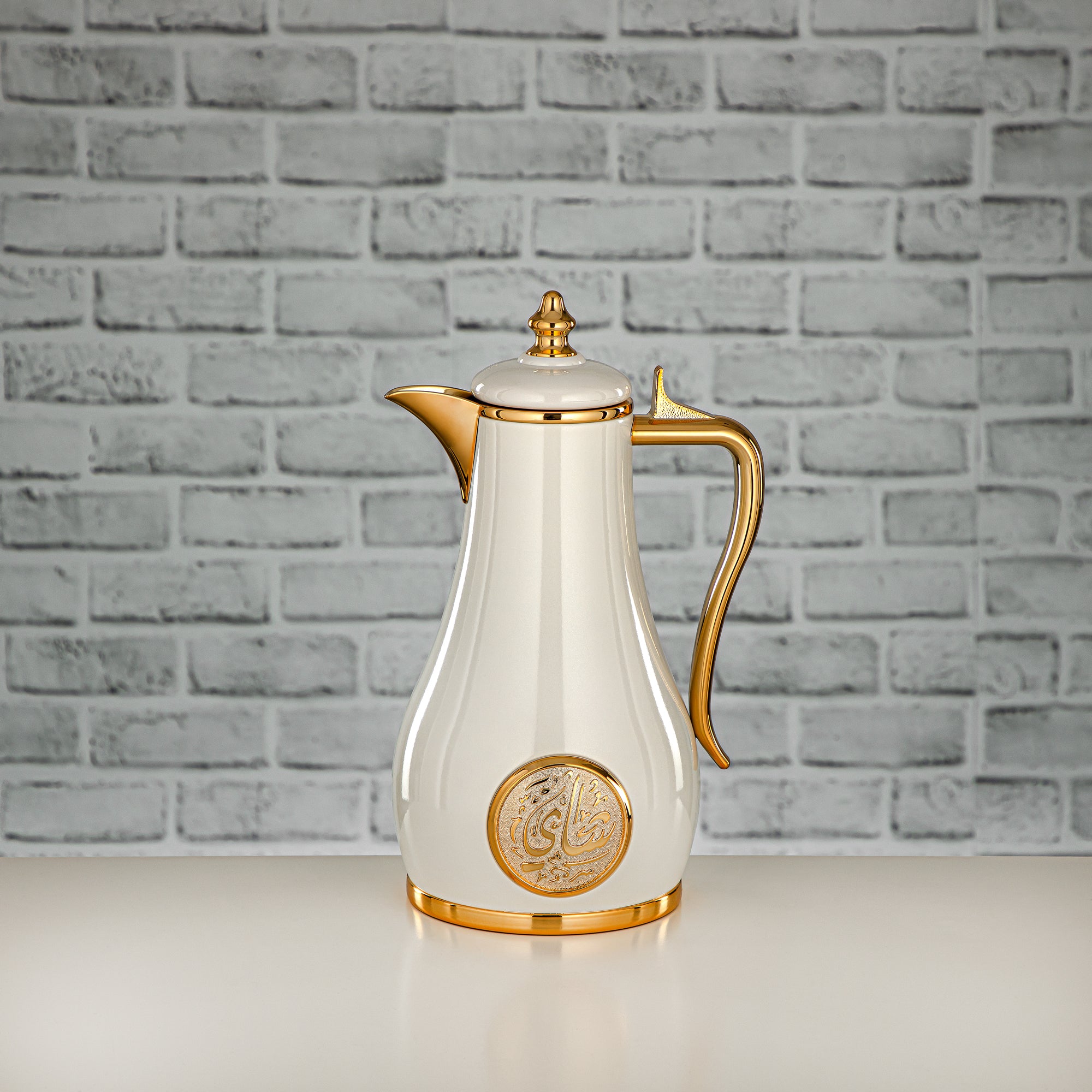 Almarjan Vacuum Flask Set, Push Button - 1L + 1L, Pearl White & Gold (SR-PWG) - Classic and Elegant