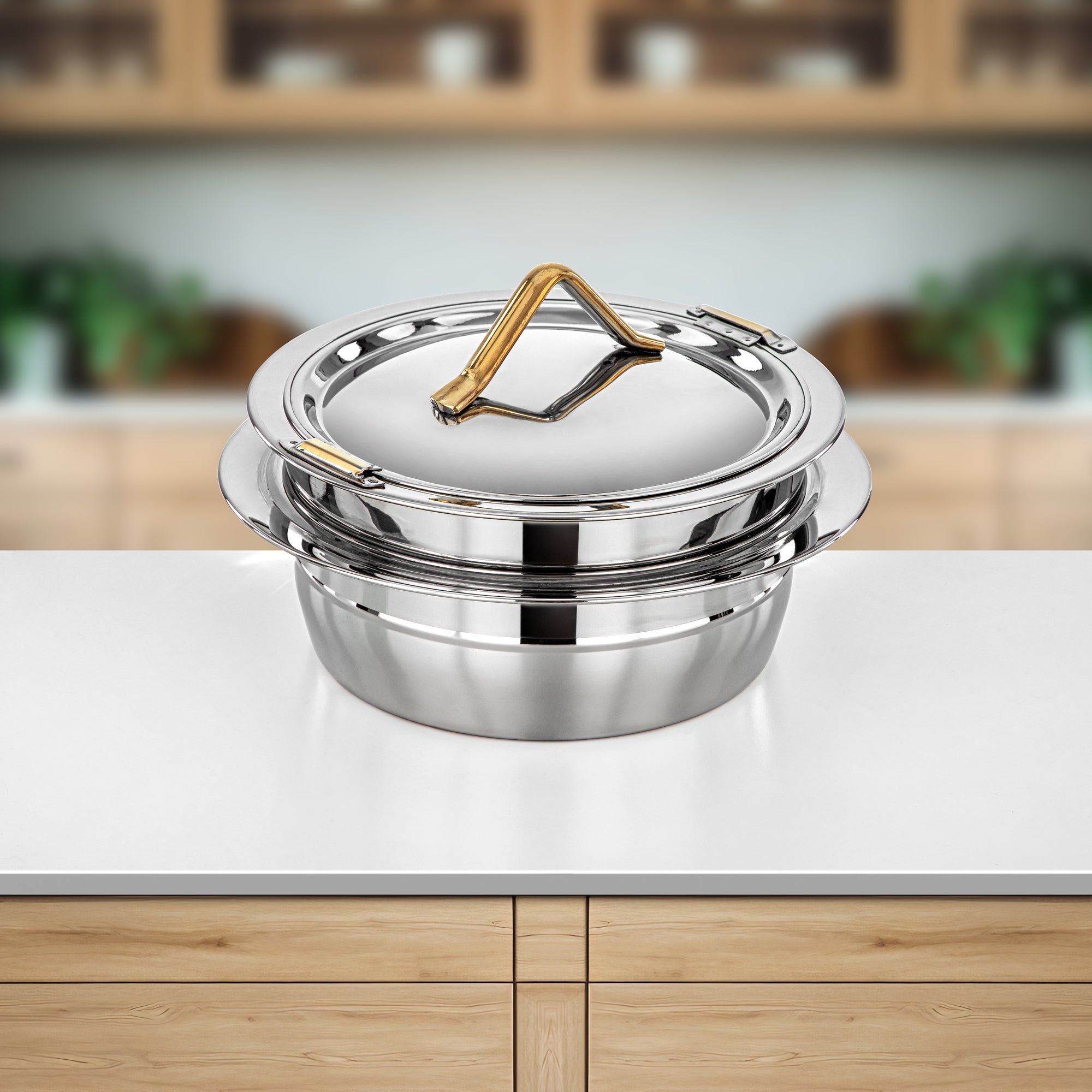 Almarjan Hot Pot Stainless Steel, 25CM (3000ML), Silver & Gold (H25PG6) - Tara Collection