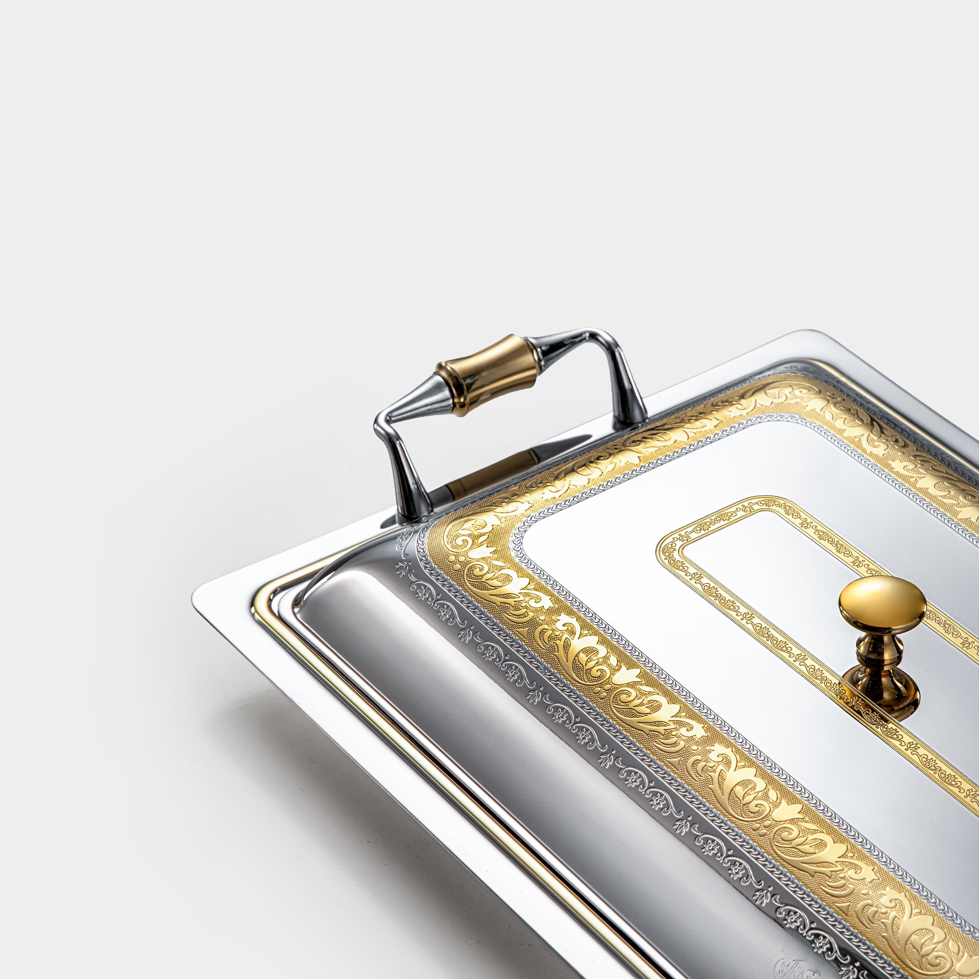 Almarjan Rectangular Serving Tray with Cover 40cm Silver & Gold