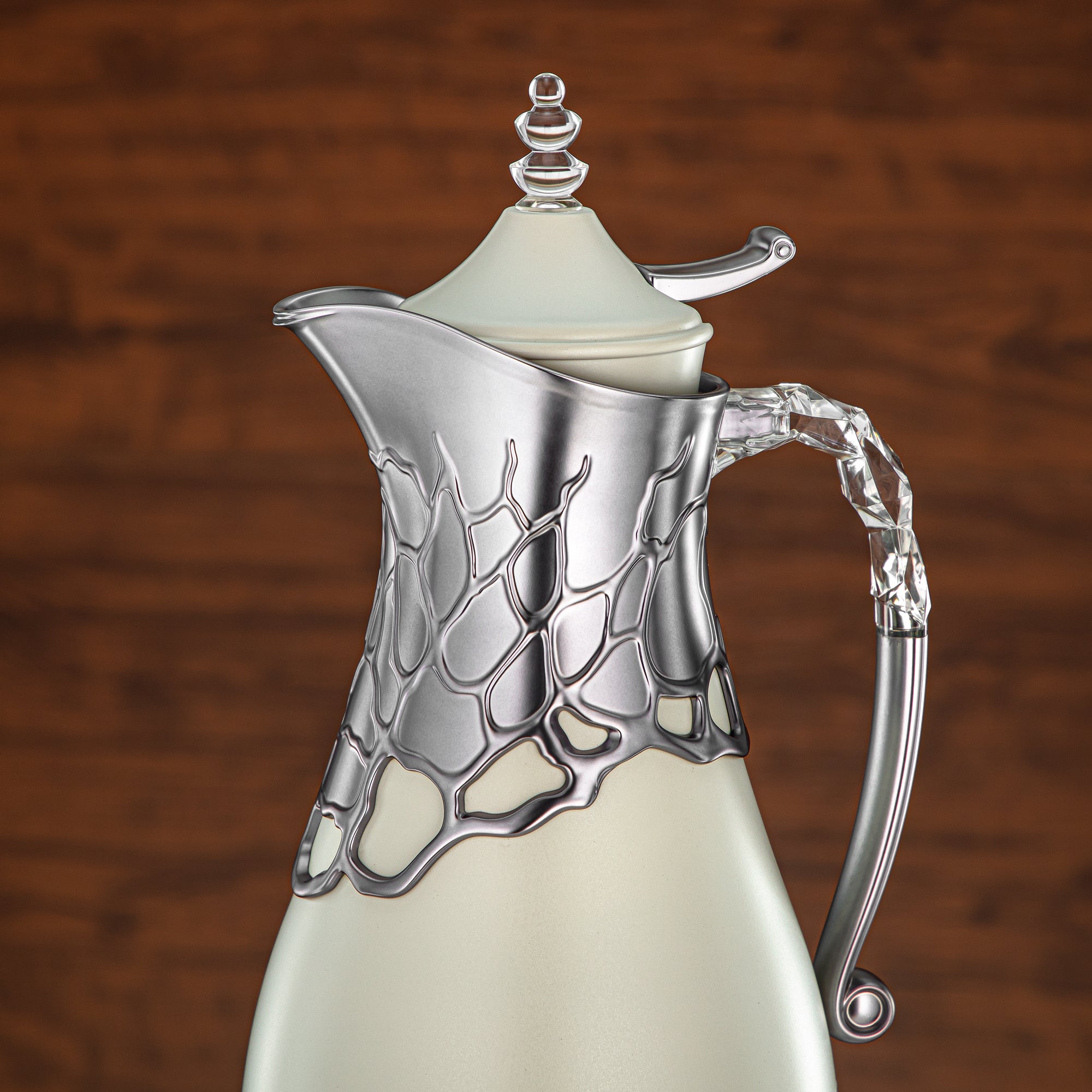 Almarjan Vacuum Flask Set Metal Body 0.7L & 1L ABS & Acrylic Handle (VBC-0700/1000 Q330YZE23) – Ivory & Matte Silver Tea & Coffee Serving