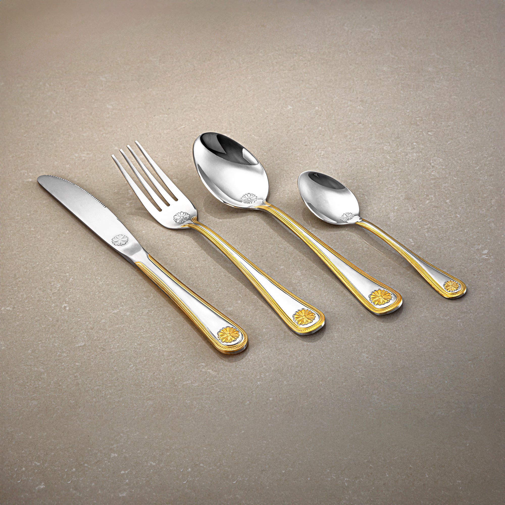 Almarjan Cutlery Set 24 Pieces, Stainless Steel, With Stand, Silver & Gold (CUT0010350) Elegant Cutlery Set