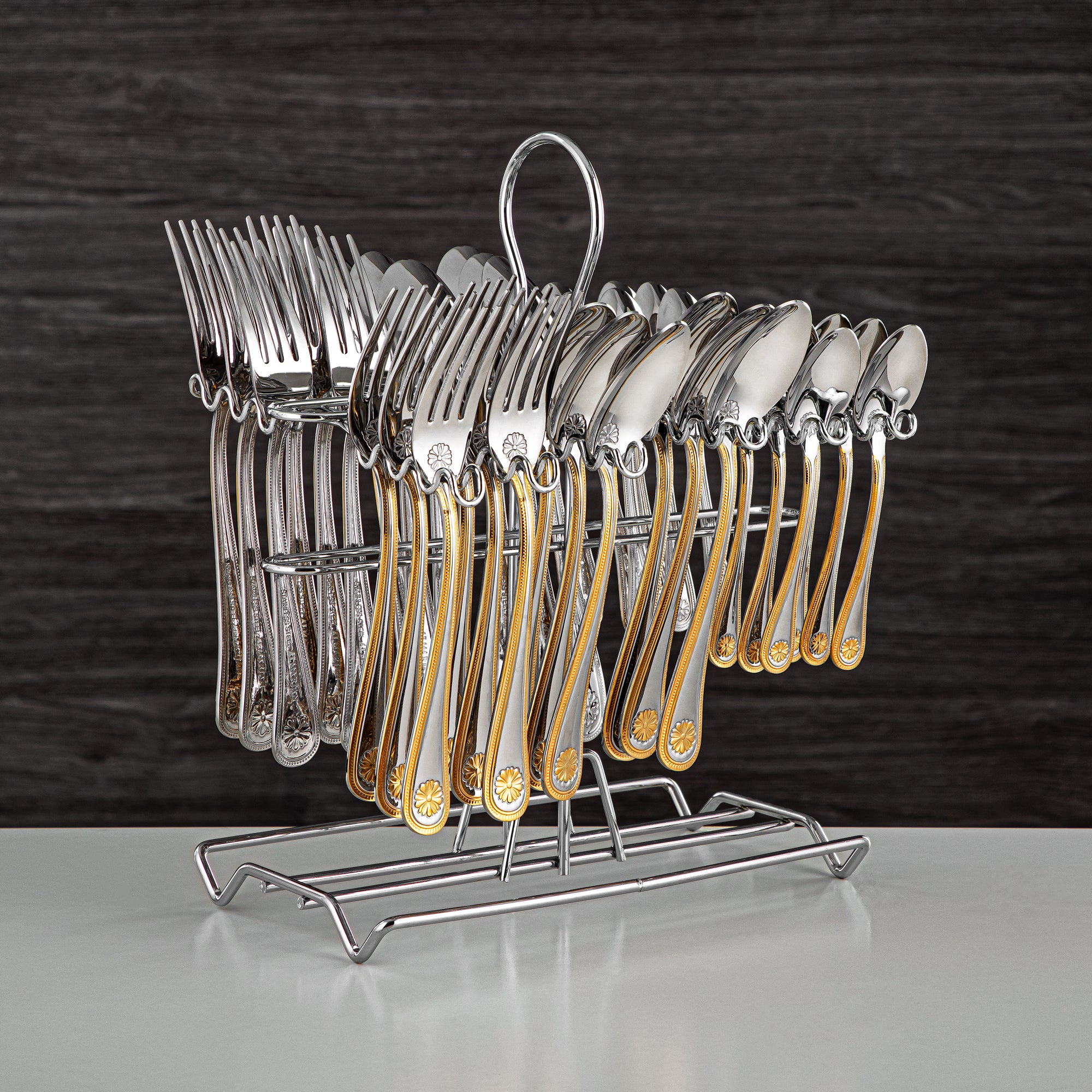 Almarjan Cutlery Set 36 Pieces, Stainless Steel, With Stand, Silver & Gold (CUT0010354) Elegant Cutlery Set