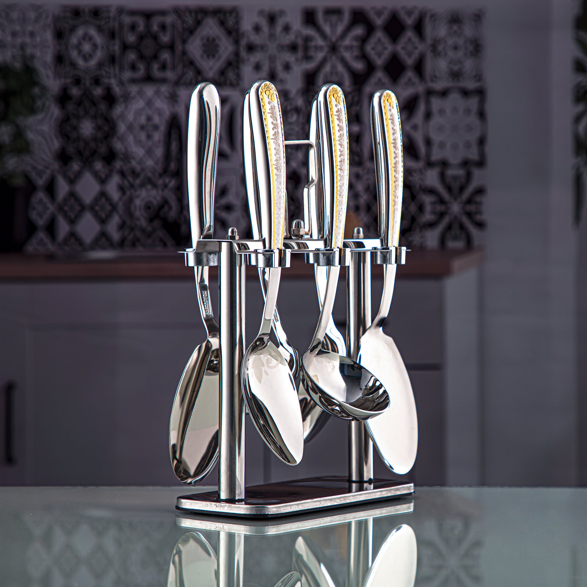 Almarjan 7 Pieces Stainless Steel Kitchen Tools Set With Holder Silver & Gold - DA324GLA020S