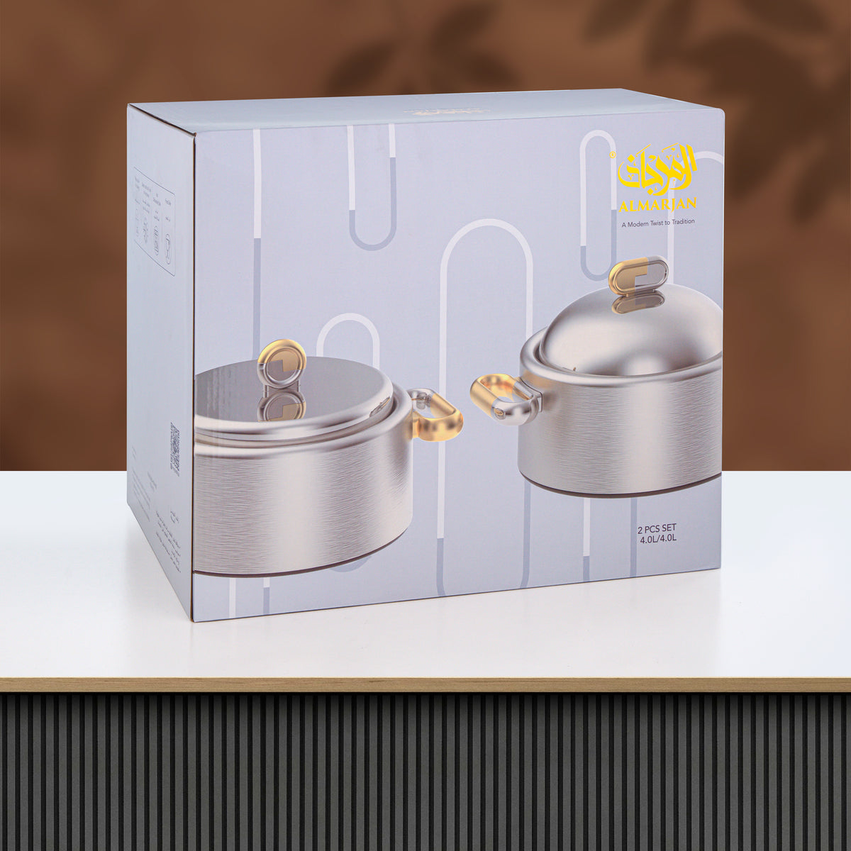 Almarjan 2 Pieces Hot Pot Set, Brushed Matt Silver & Tiffany Marble