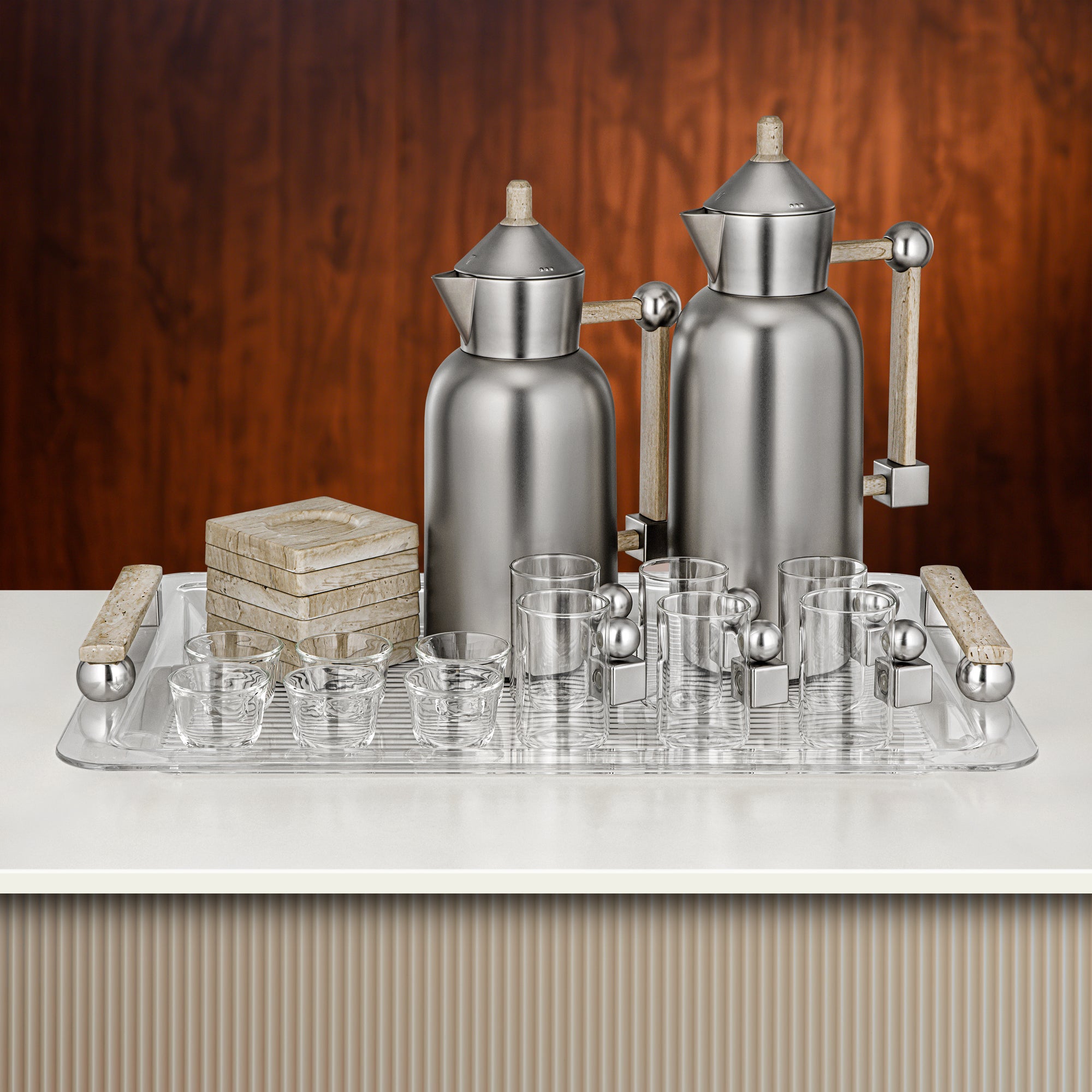 طقم شاي وقهوة المرجان ٢١ قطعة بلمسة النيكل غير اللامع والترافرتين