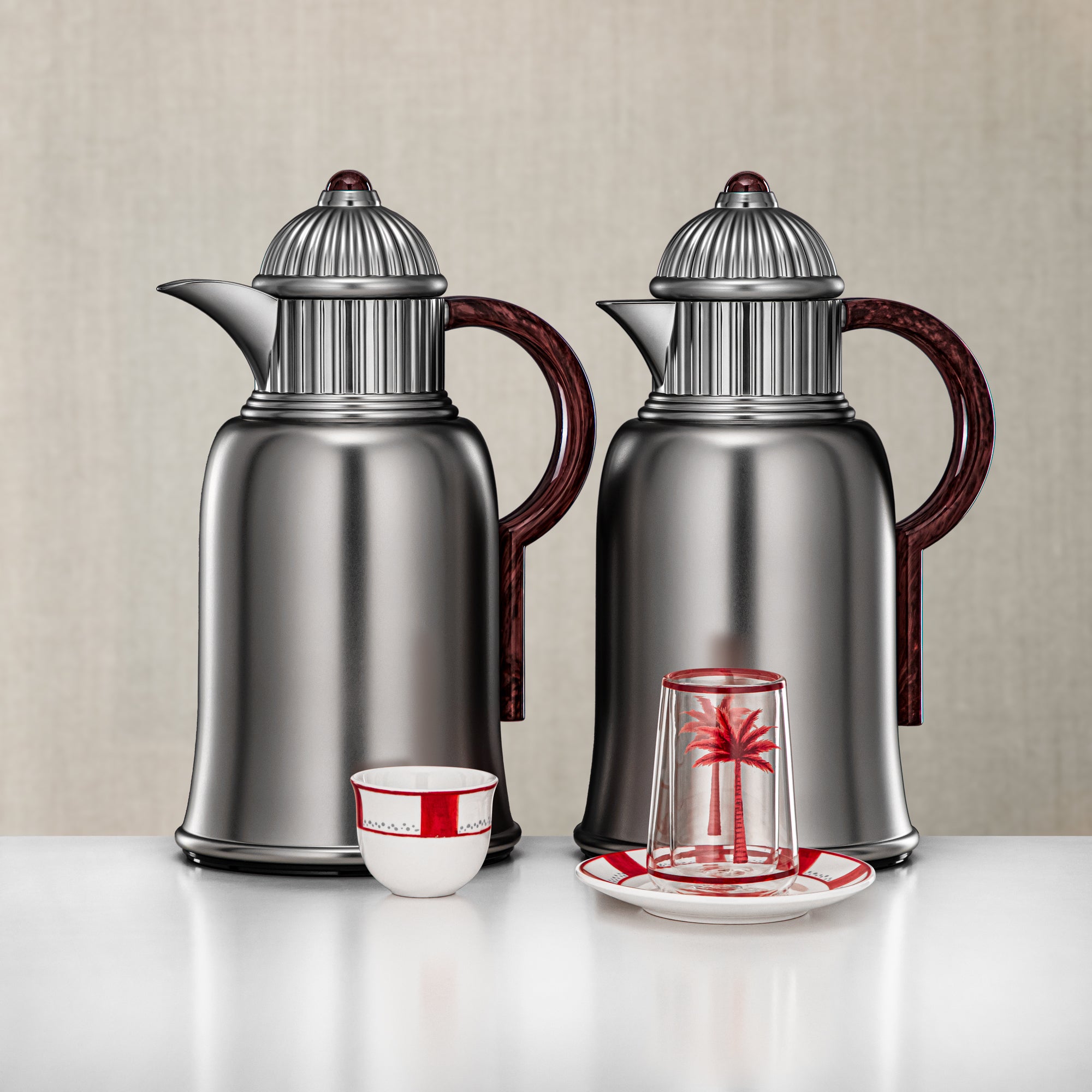 طقم ترمس وشاي المرجان 20 قطعة بلمسة نيكل مطفي مع تفاصيل خشبية