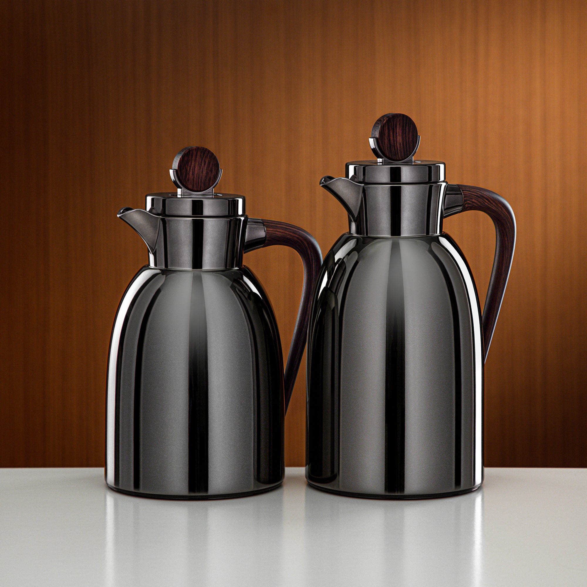 Almarjan Vacuum Flask Set 2 Pieces 1L & 1.3L Gun Black & Dark Wood