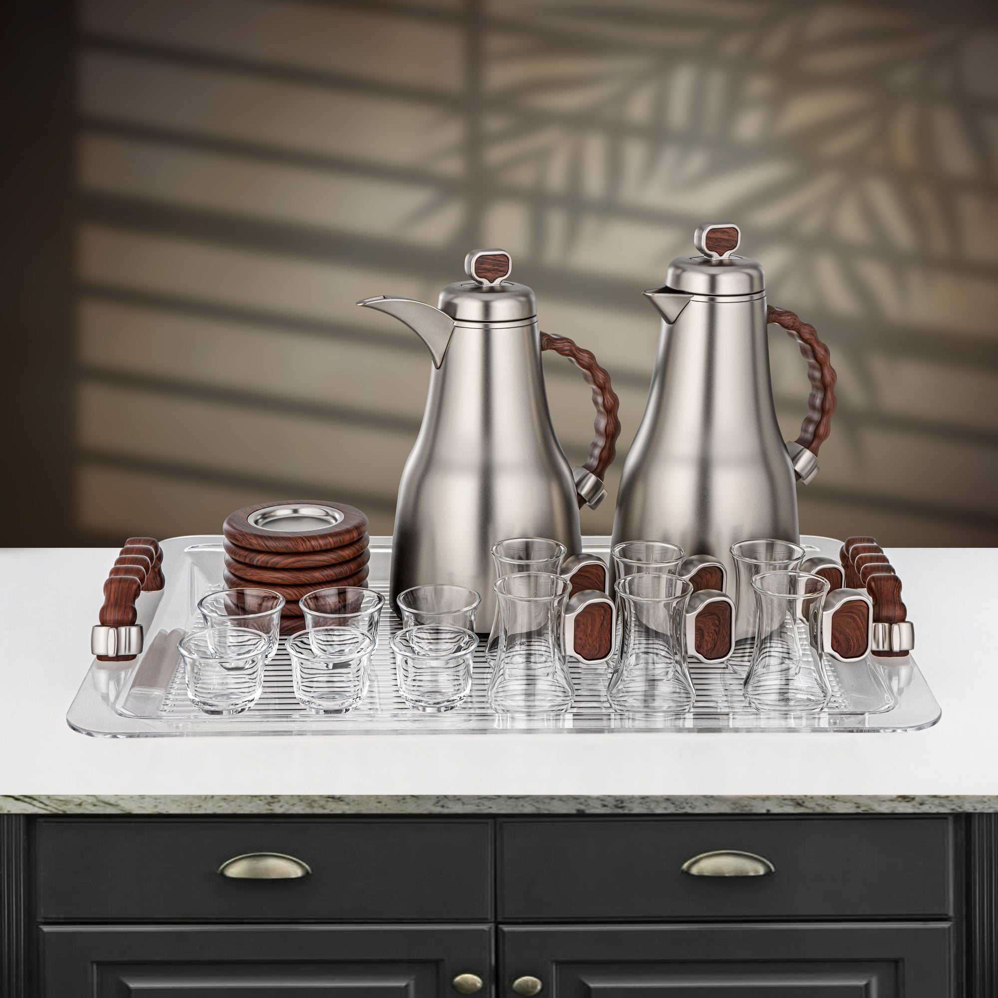 Almarjan 21 Pieces Tea & Coffee Set, Matt Nickel & Dark Wood