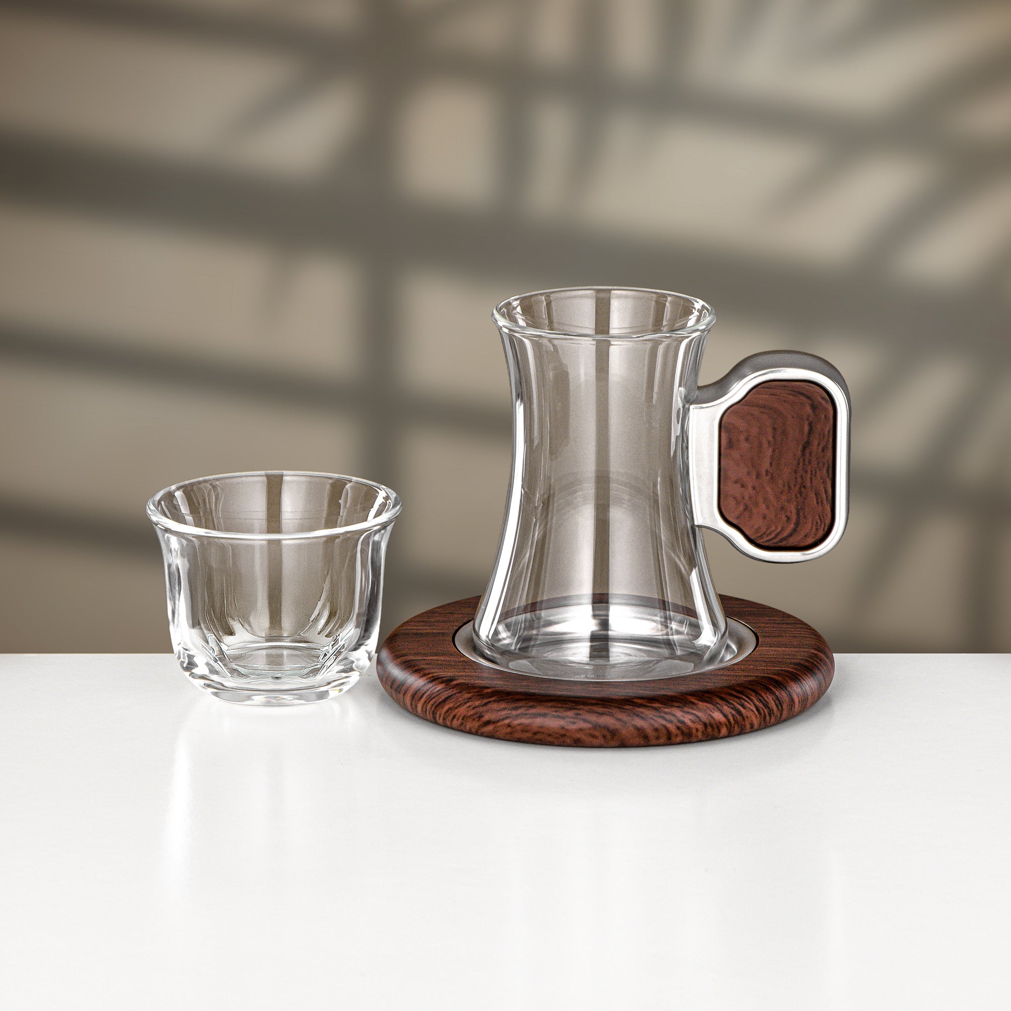 Almarjan 18 Pieces Tea & Cawa Cup Set, Matt Nickel & Dark Wood