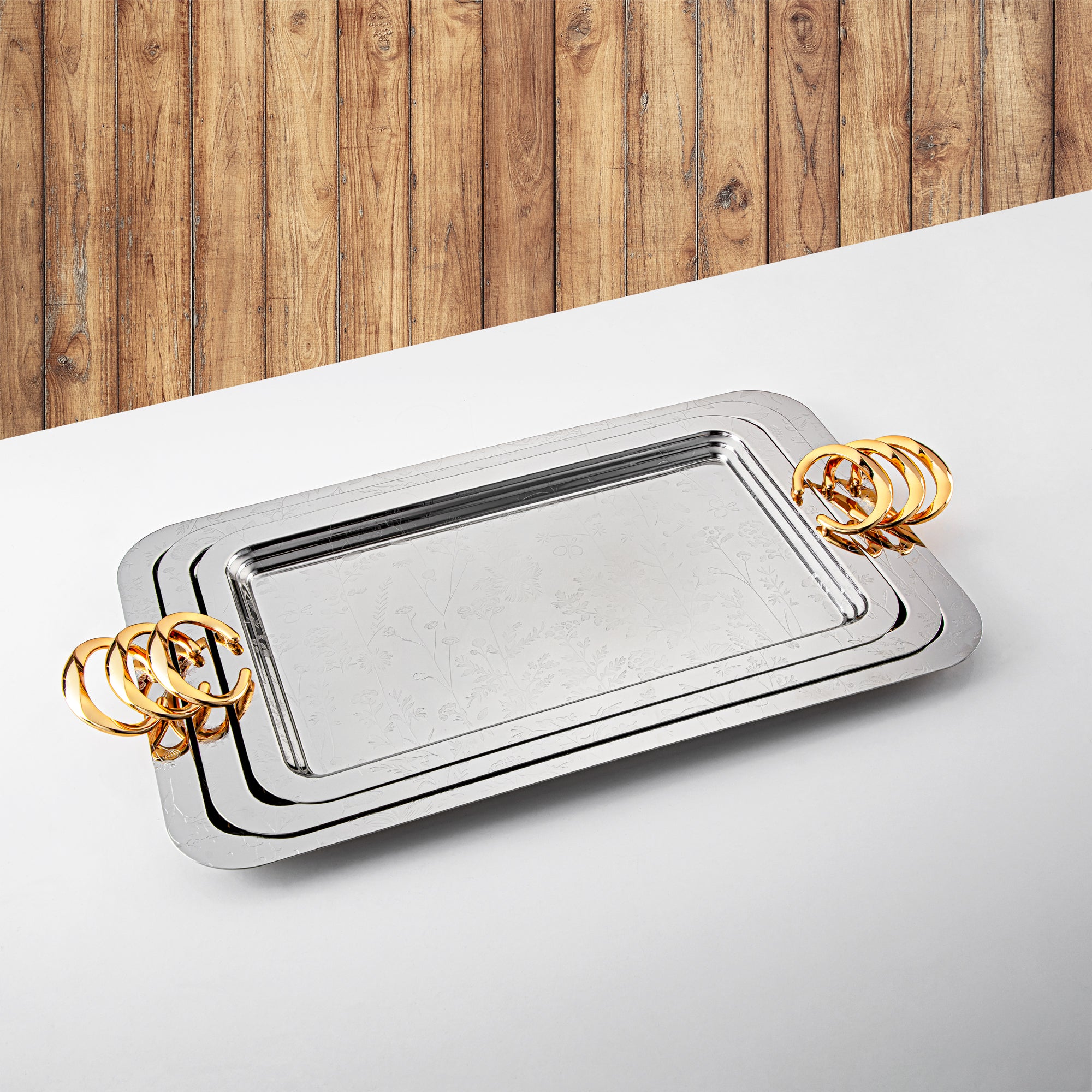 Almarjan Serving Tray Set - 3 Pieces, Silver & Gold (HT2408004) | Ramadan & Eid