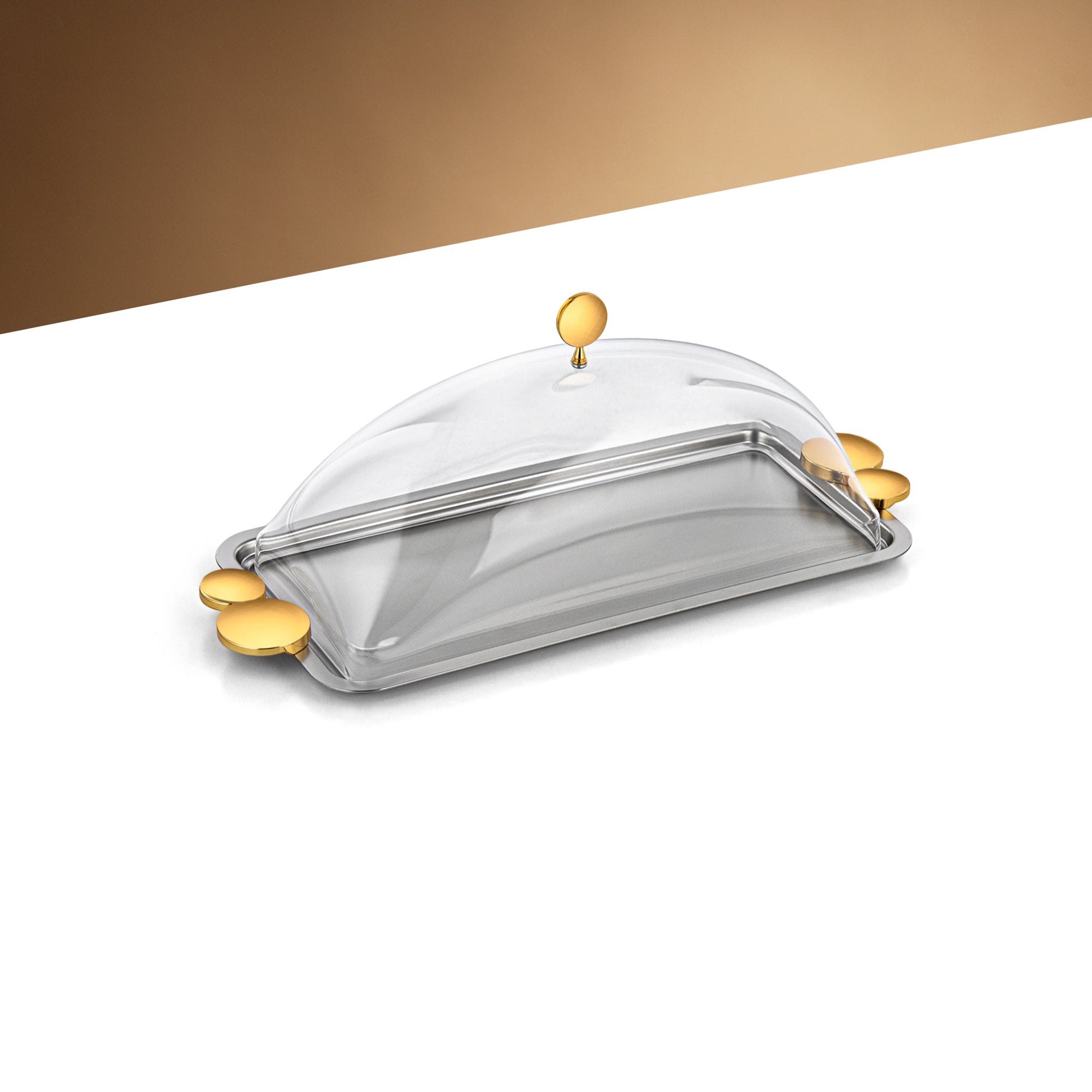 صينية تقديم المرجان 35 سم مع غطاء أكريليك وحصيرة من النيكل والذهب - HT2506036