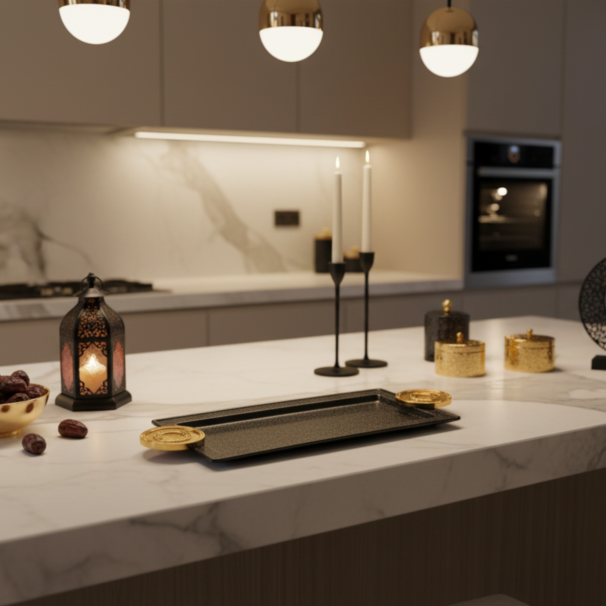 Almarjan Serving Tray 50 cm Black & Gold Crackle