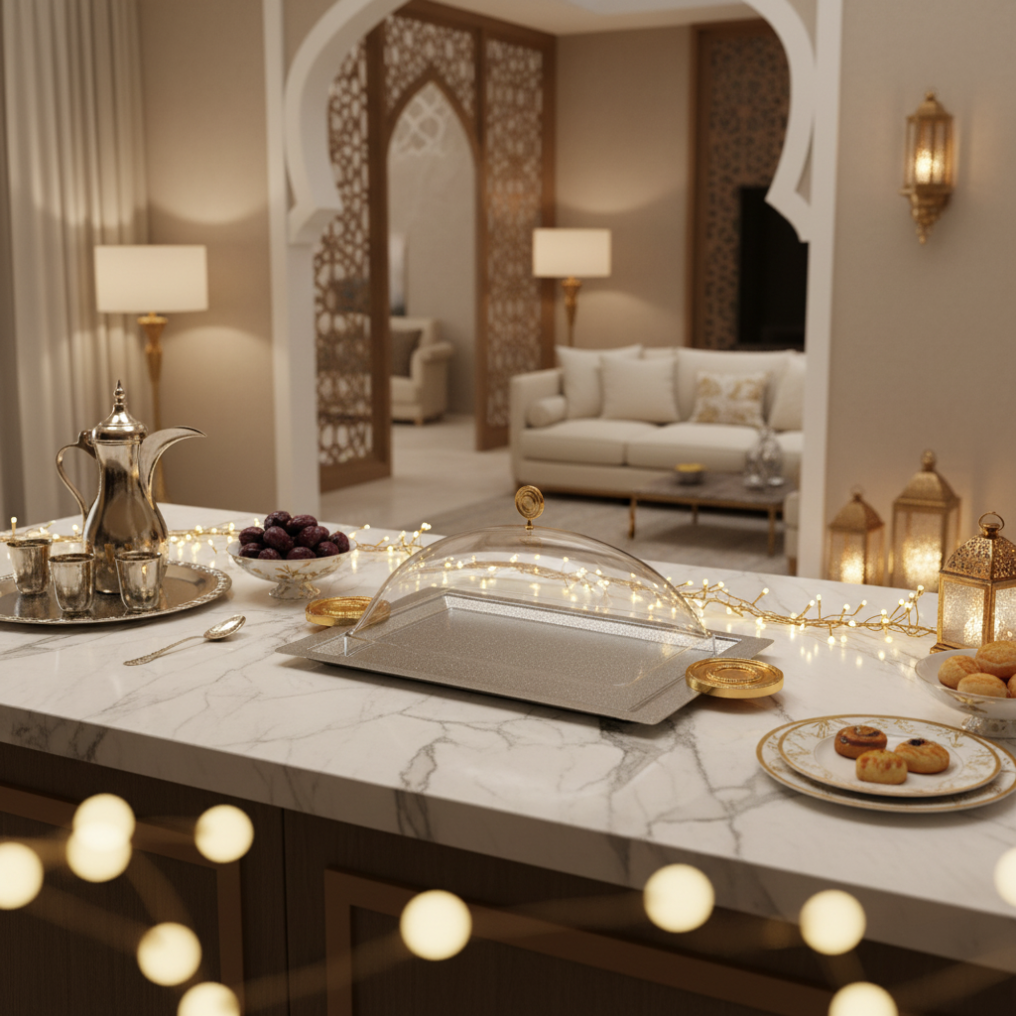 صينية تقديم المرجان مع غطاء أكريليك، معدن بلمسة فضية وذهبية متشققة، 49 × 25 سم (HT2506177)