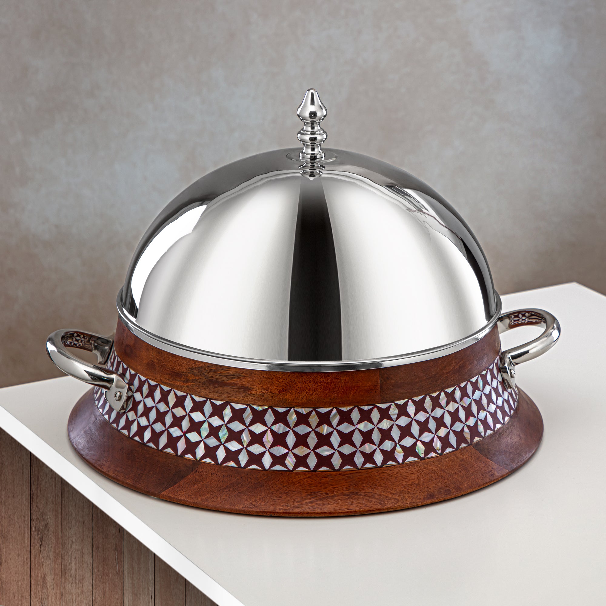 Almarjan 32 CM Brass Hot Pot Wood & Silver - MD-0428 A