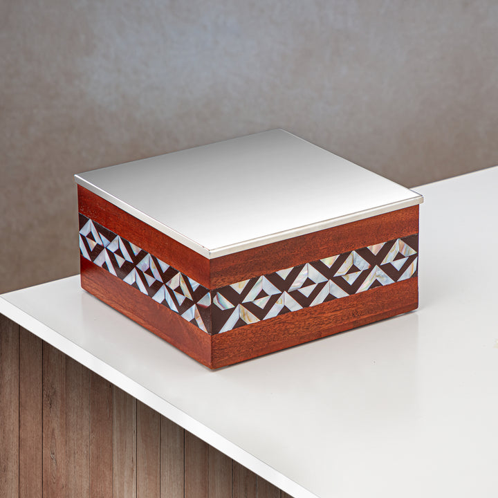 Almarjan 20 CM Square Storage Box Wood & Silver - MD-1816 A