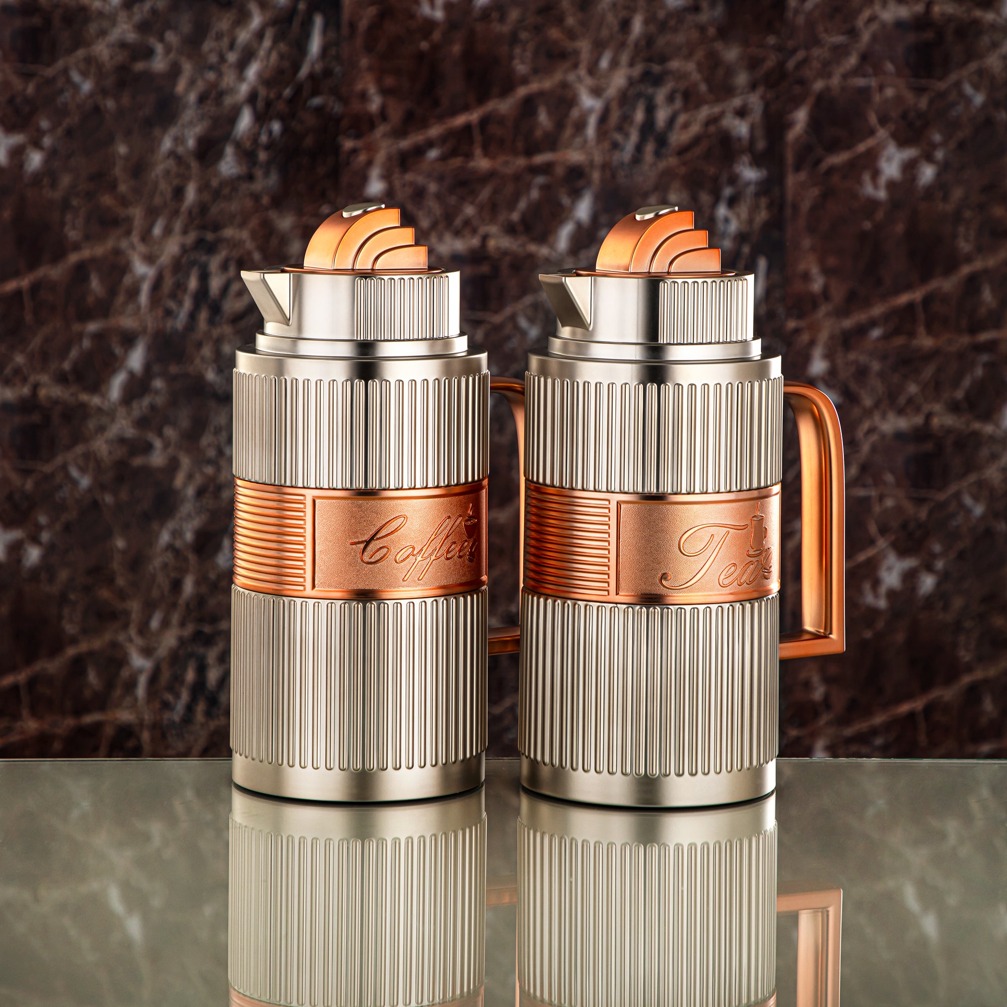 Almarjan Vacuum Flask Set, ABS, Push Button - 1L + 1L, Matt Silver & Matt Copper (OUD-MNMCP) - Tea & Coffee