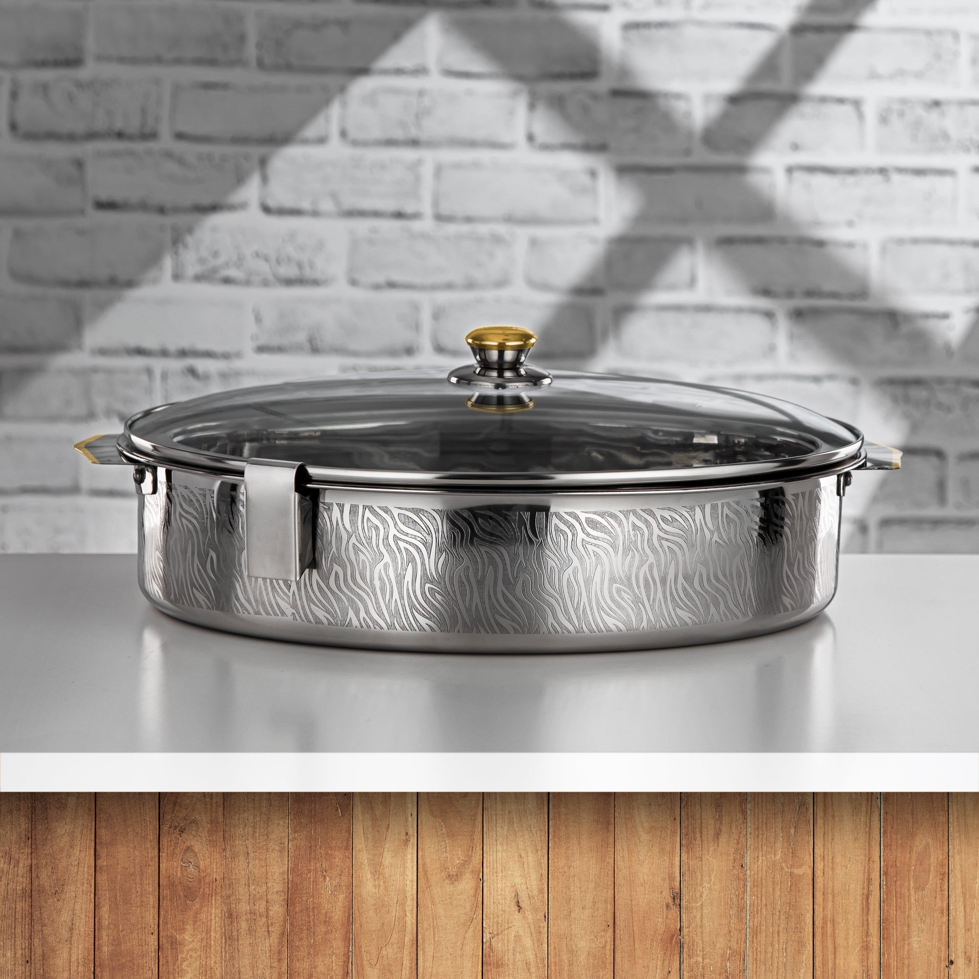 Almarjan 40 CM Mandi Collection Stainless Steel Hot Pot With Glass Cover Silver & Gold - H24PG1