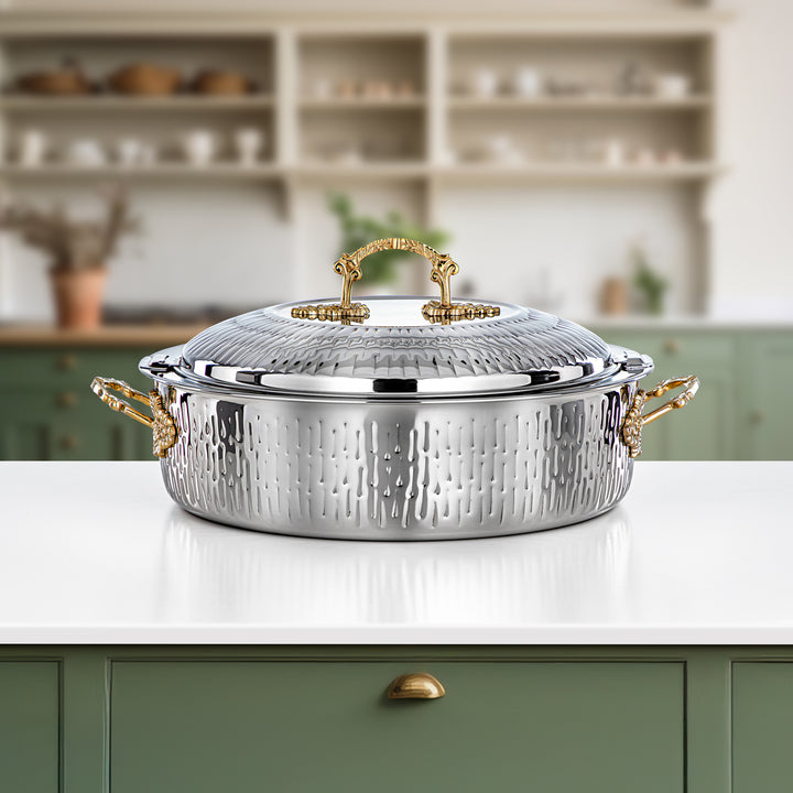 Almarjan Hot Pot Stainless Steel, Silver & Gold, Brass Handle 35CM (H25MG00) - Areej Collection, Ramadan & Eid