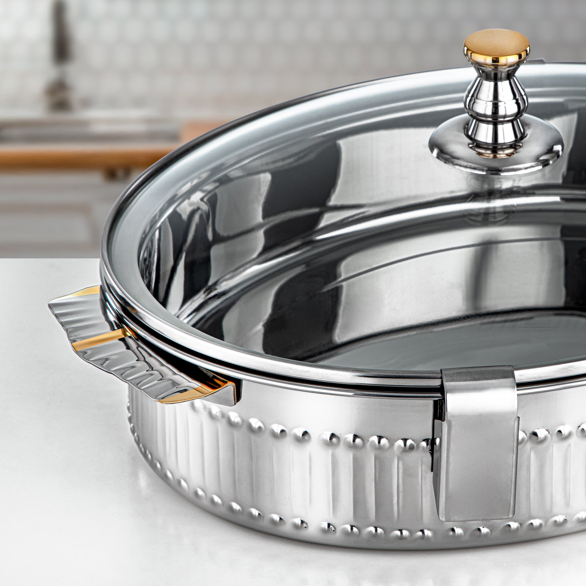 Almarjan Hot Pot Stainless Steel, 40CM (5500ML), Silver & Gold (H25M5G) - Mandi Collection