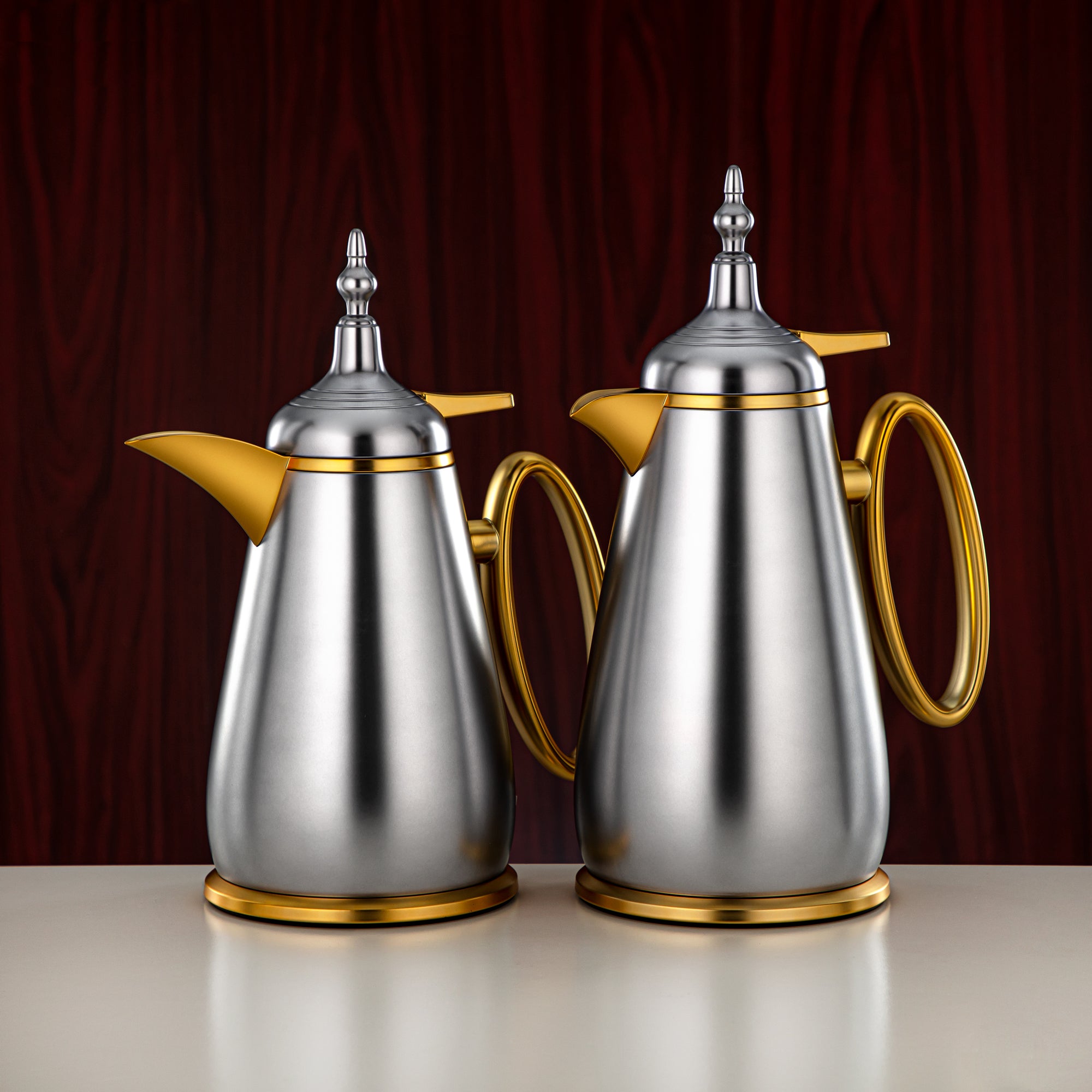 Almarjan Vacuum Flask Set Push Button ABS Matt Silver & Matt Gold 0.7L + 1L (UOP-A0700/B1000E23E22) - Classic Vacuum Flask