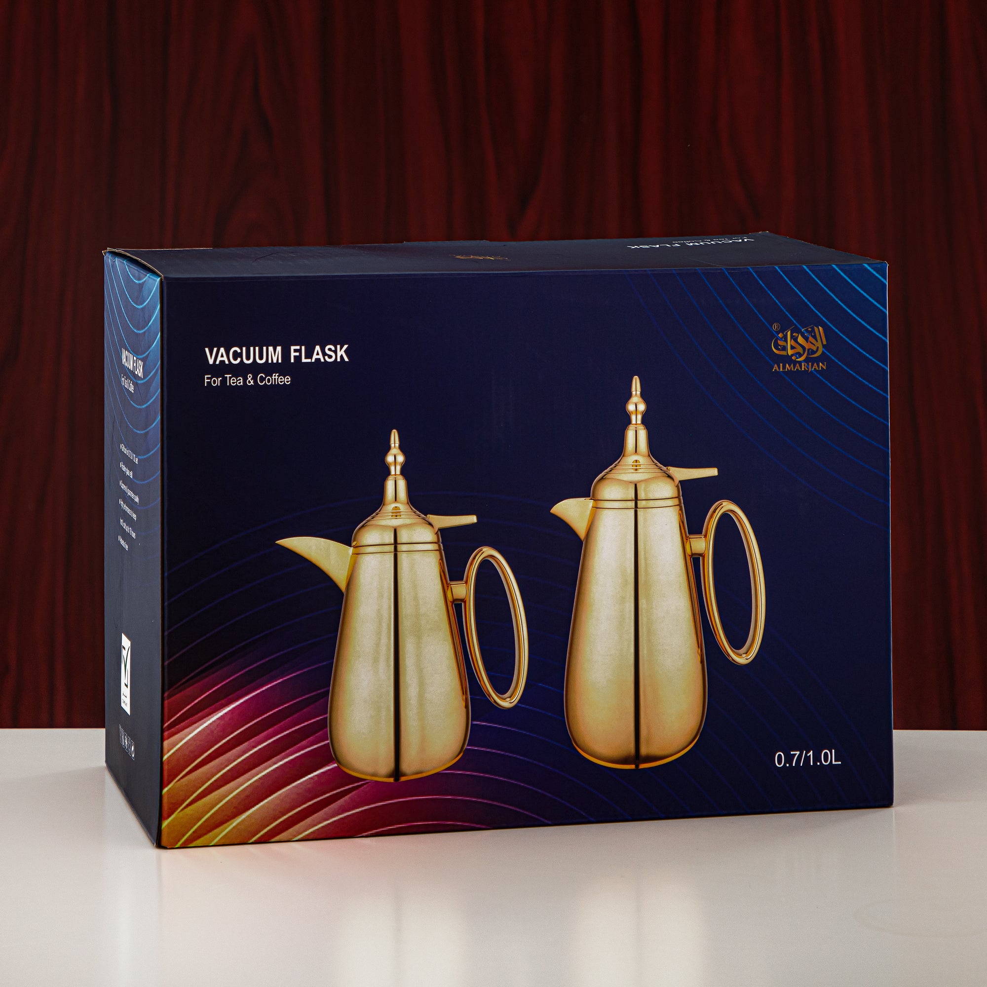 Almarjan Vacuum Flask Set Push Button ABS Matt White & Matt Gold 0.7L + 1L (UOP-A0700/B1000Q330YZE22) - Classic Vacuum Flask